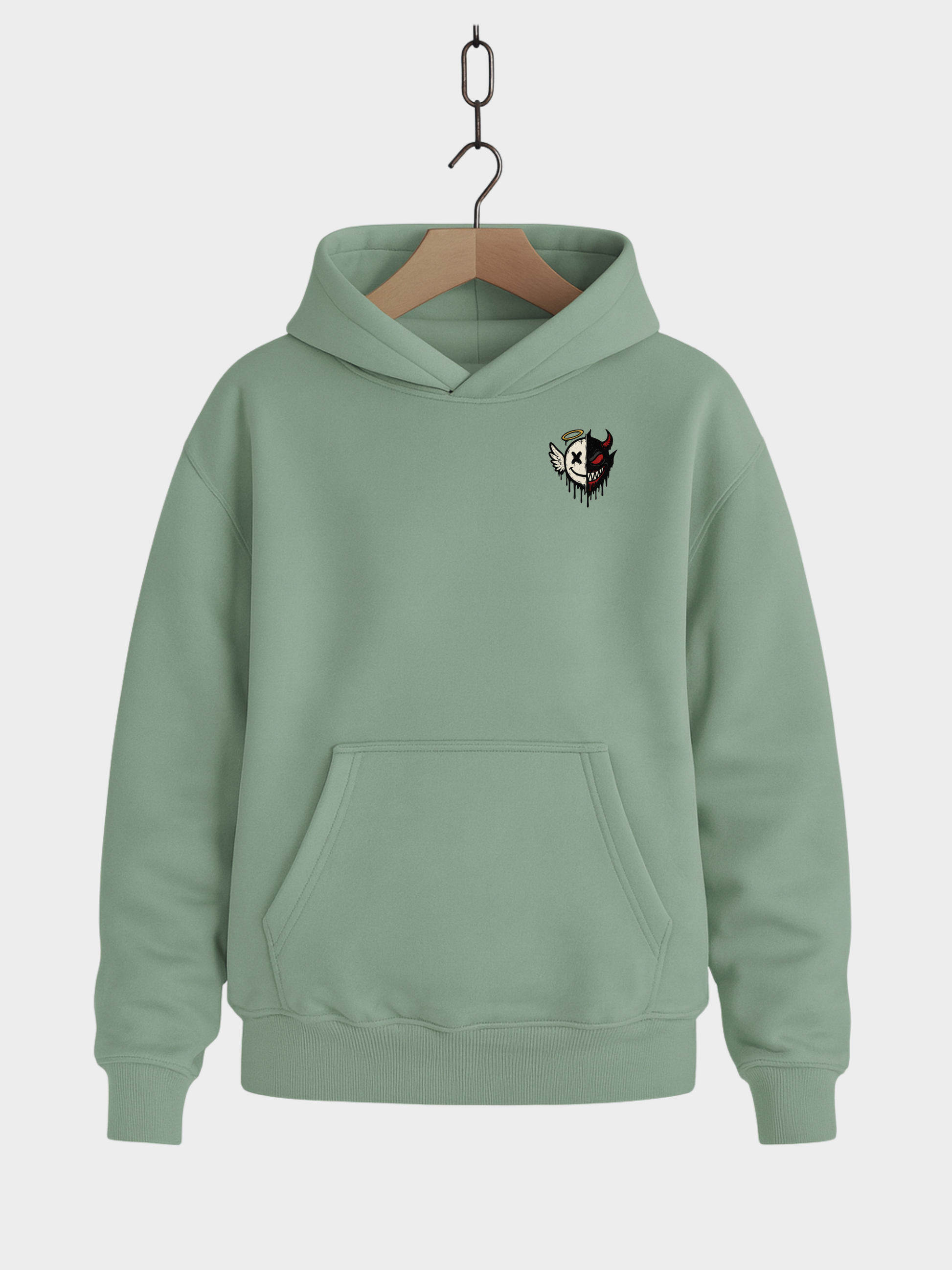 Vyfinity Oversize Hoodie in Mintgrün mit kleinem Brustprint – Engel und Teufel Half Face Logo, Unisex Kapuzenpullover für Streetwear-Looks.