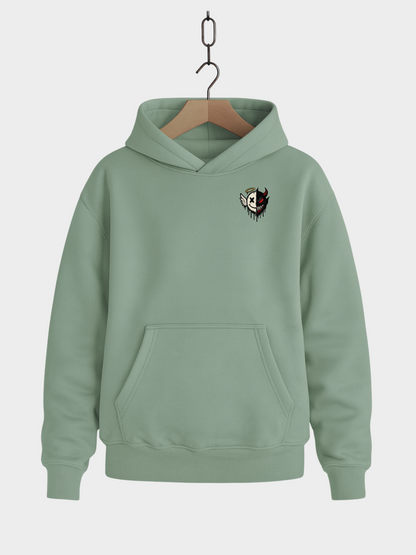 Vyfinity Oversize Hoodie in Mintgrün mit kleinem Brustprint – Engel und Teufel Half Face Logo, Unisex Kapuzenpullover für Streetwear-Looks.