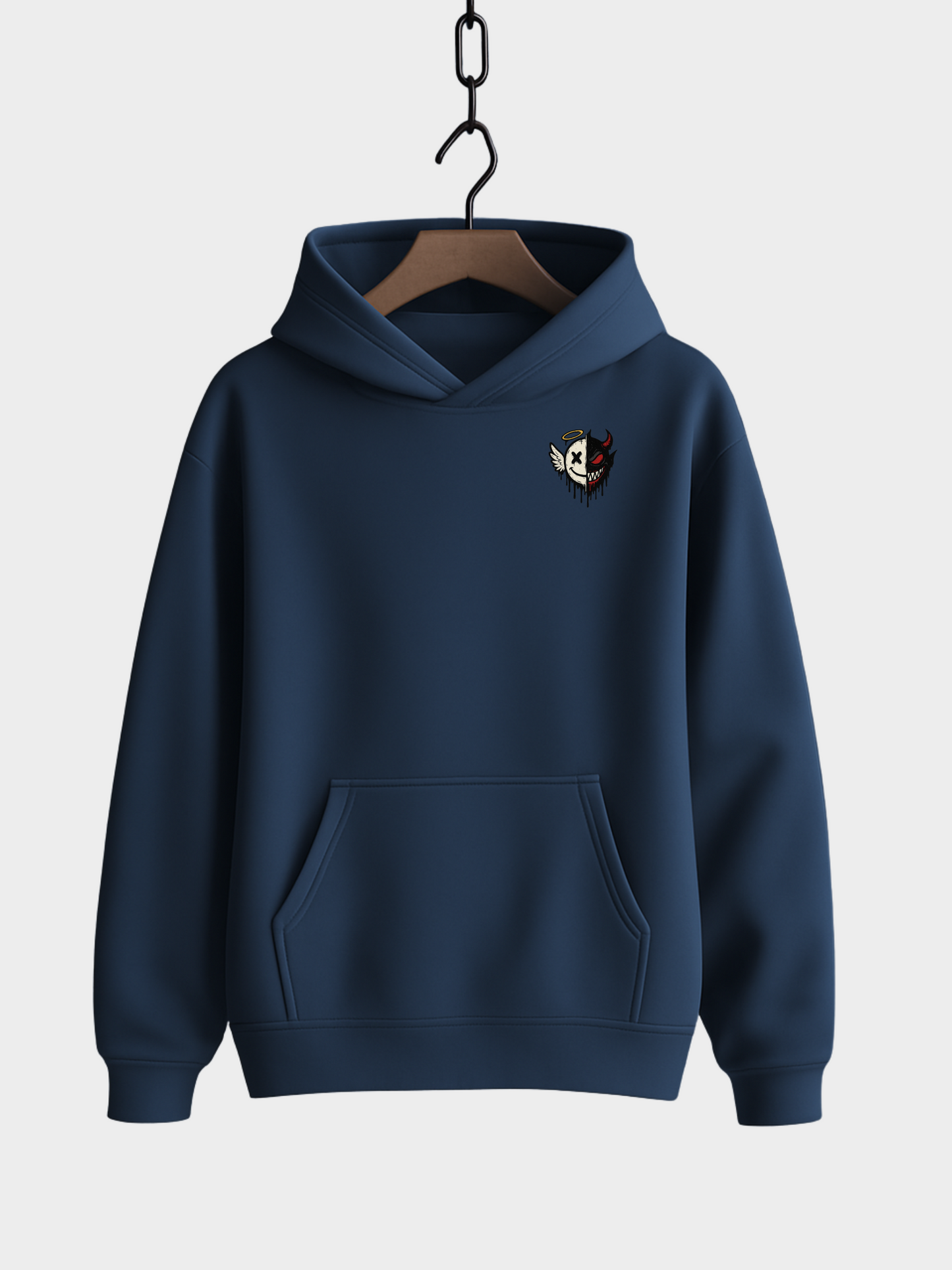 Vyfinity Oversize Hoodie in Navy Blau mit kleinem Brustprint – Engel und Teufel Half Face Logo, Streetwear Kapuzenpullover für Herren und Damen.