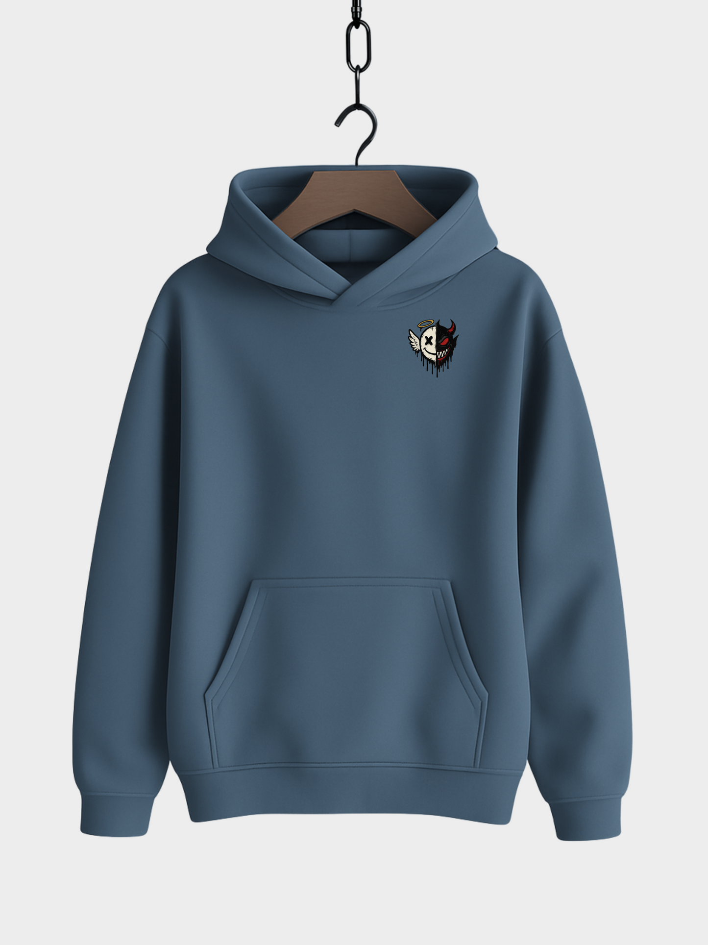 Vyfinity Oversize Hoodie in Stahlblau mit kleinem Brustprint – Engel und Teufel Half Face Design, Unisex Hoodie mit Kapuze und Bauchtasche im Streetwear Look.