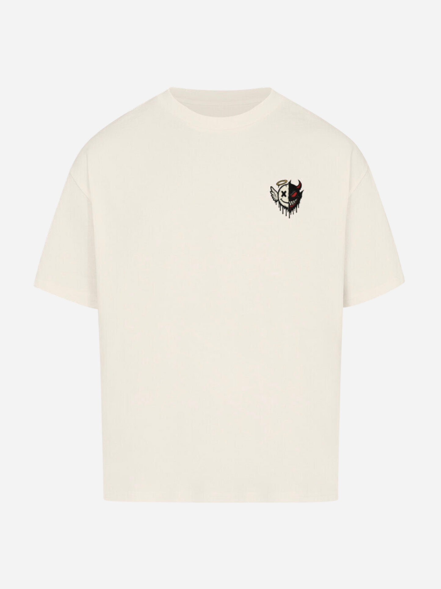 Vyfinity Oversize T-Shirt in Ivory mit Frontprint kleinem Engel-Teufel-Symbol und großem Rückenprint – Streetwear Unisex Shirt mit einzigartigem Half Angel Half Devil Design.