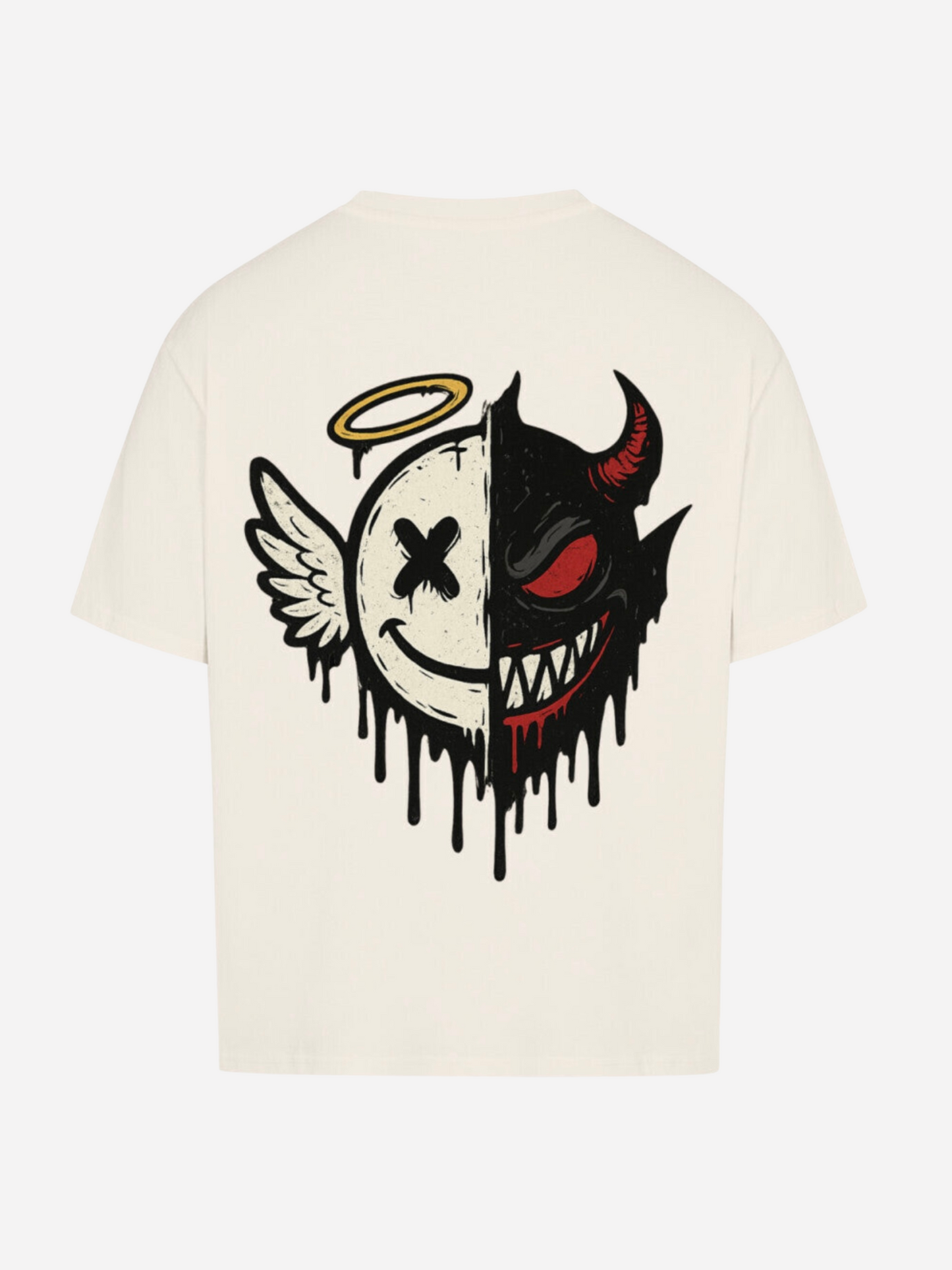 Vyfinity Oversize T-Shirt in Ivory mit großem Rückenprint – Engel und Teufel Half Face Design, Unisex Streetwear Shirt in Cremefarbe.