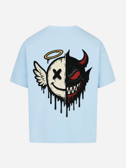 Vyfinity Oversize T-Shirt in Skyblue mit großem Rückenprint – Engel und Teufel Half Face Design, markantes Unisex Streetwear Shirt in Hellblau.