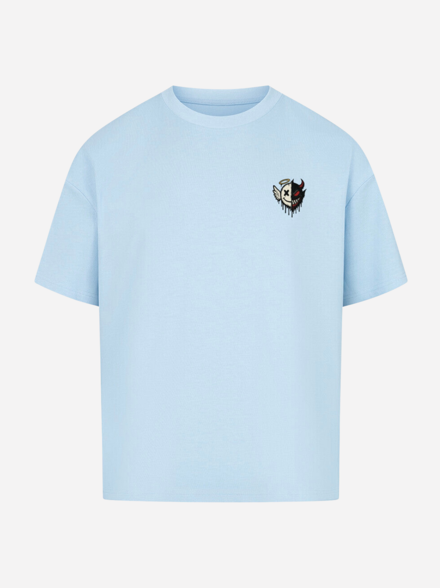 Vyfinity Oversize T-Shirt in Skyblue mit kleinem Brustprint – Engel und Teufel Half Face Design, Unisex Streetwear Shirt in Hellblau.