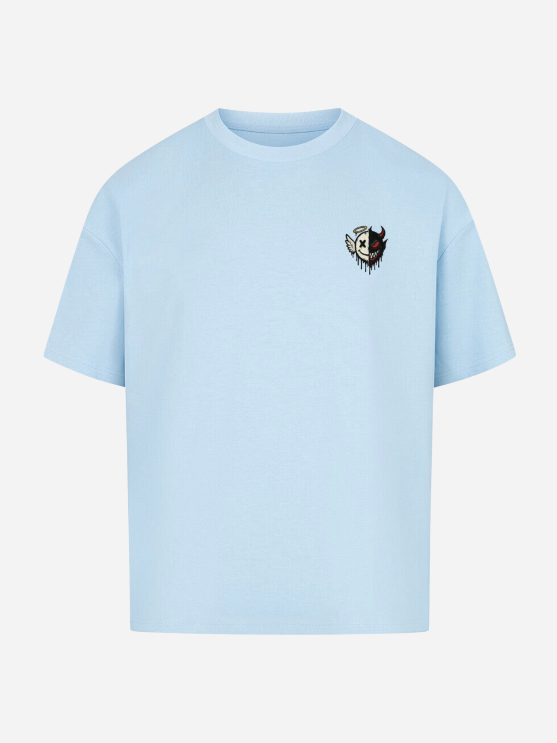 Vyfinity Oversize T-Shirt in Skyblue mit kleinem Brustprint – Engel und Teufel Half Face Design, Unisex Streetwear Shirt in Hellblau.