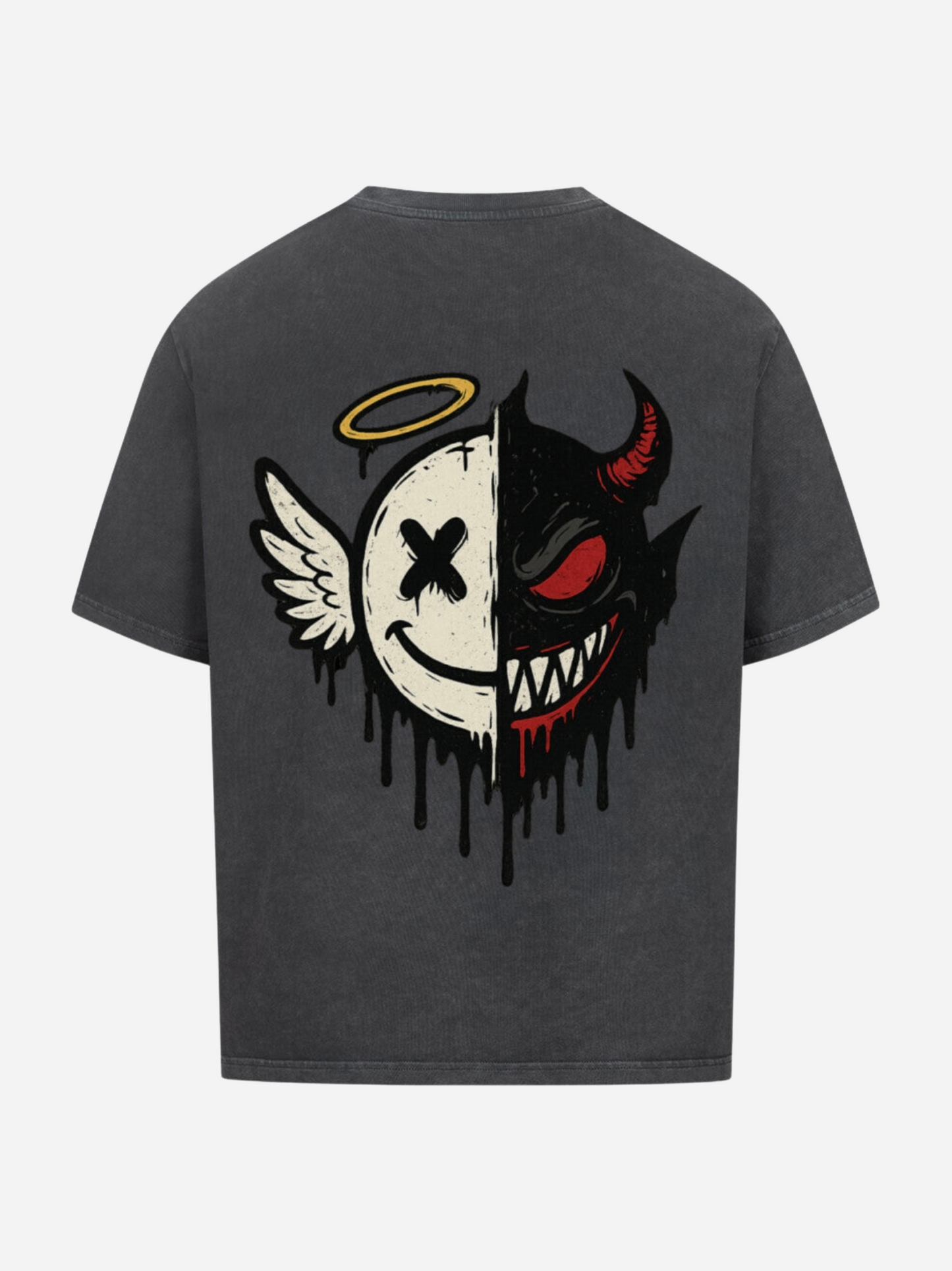 Vyfinity Angel Devil Shirt in Vintage Grey – Rückseite mit großem Rückenprint: halb Engel mit Heiligenschein und Flügel, halb Teufel mit Hörnern und roten Details – Urban Streetwear Oversized T-Shirt