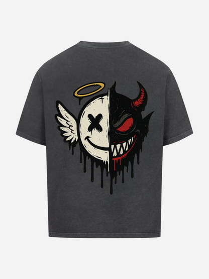 Vyfinity Angel Devil Shirt in Vintage Grey – Rückseite mit großem Rückenprint: halb Engel mit Heiligenschein und Flügel, halb Teufel mit Hörnern und roten Details – Urban Streetwear Oversized T-Shirt