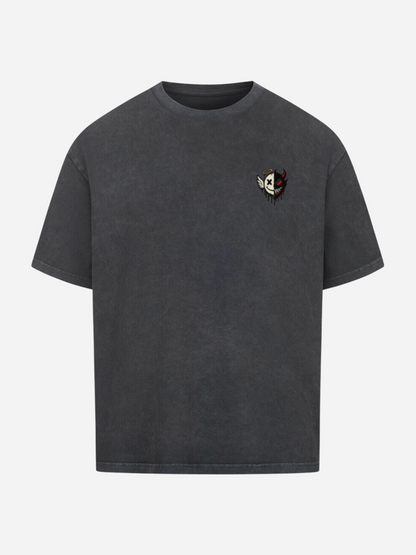 Vyfinity Angel Devil Shirt in Vintage Grey – Vorderseite mit kleinem Brustprint: halb Engel mit Heiligenschein und Flügel, halb Teufel mit Hörnern und roten Details – Streetwear T-Shirt im Oversized Look
