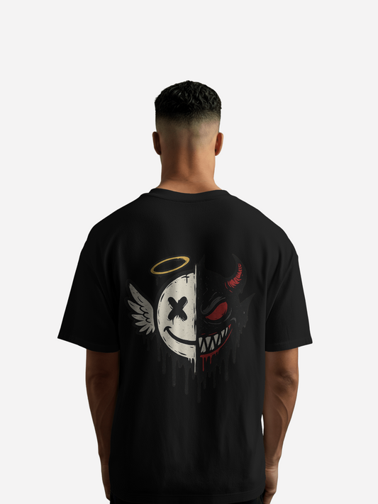 Vyfinity T-Shirt Schwarz mit großem Engel-Teufel-Backprint, Half-Face Design mit Halo und Hörnern