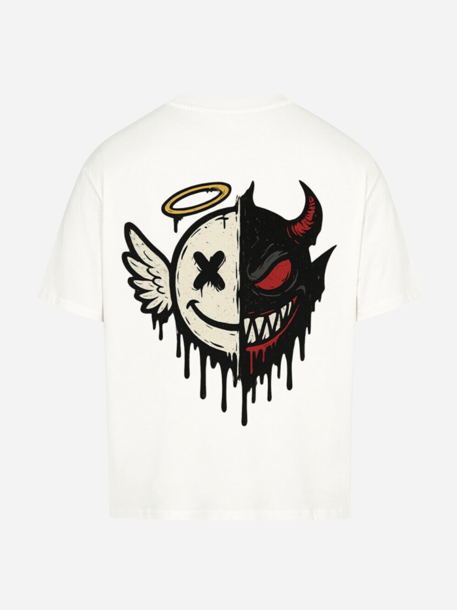 Vyfinity T-Shirt Engel vs. Teufel in Weiß – Rückenprint großes Half-Face Design mit Flügel und Hörnern