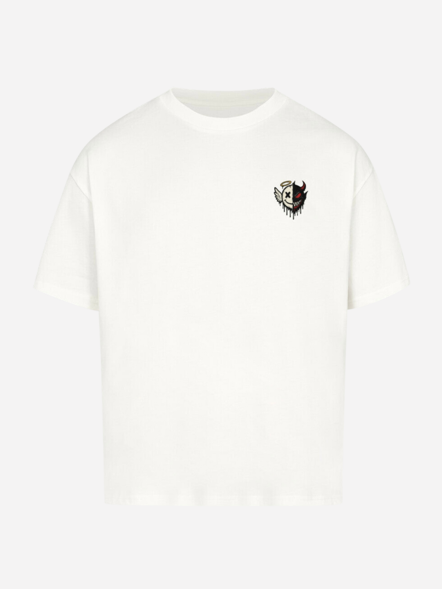 Vyfinity T-Shirt Engel vs. Teufel in Weiß – Brustprint kleines Half-Face Design mit Halo und Hörnern