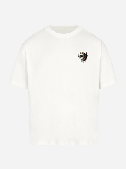 Vyfinity T-Shirt Engel vs. Teufel in Weiß – Brustprint kleines Half-Face Design mit Halo und Hörnern