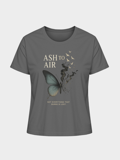 Graues Vyfinity T-Shirt mit Schmetterlings- und Rauch-Motiv. Der Schmetterling löst sich in Rauch und fliegende Vögel auf. Text: „Ash to Air – Not everything that burns is lost“. Poetisches Graphic Shirt mit mystischer Botschaft.