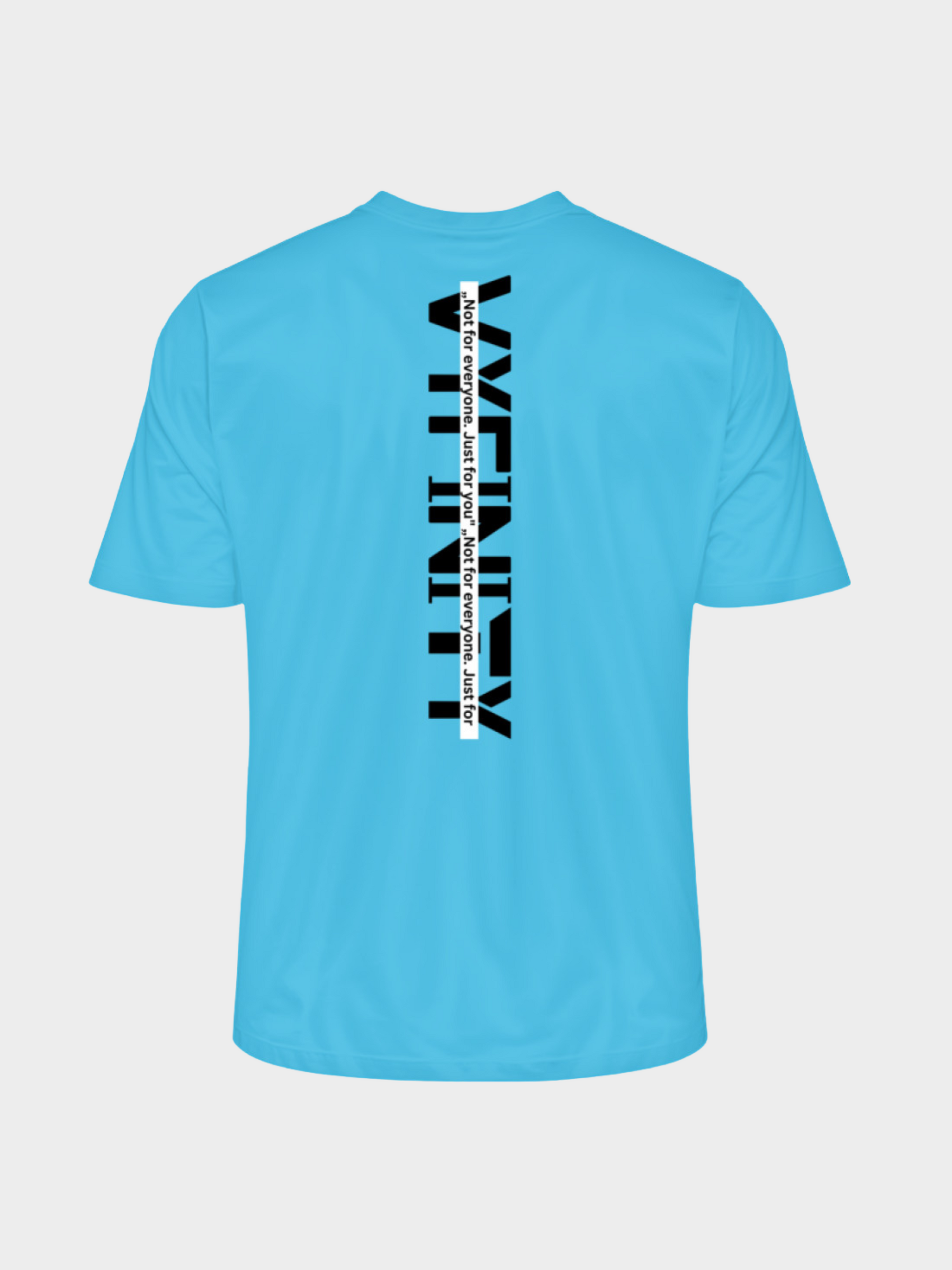 Rückseite des Vyfinity Oversize T-Shirts in Hellblau mit großem schwarzen Vertical Logo Print. Streetwear Design mit dem Schriftzug „Not for everyone, just for you“.
