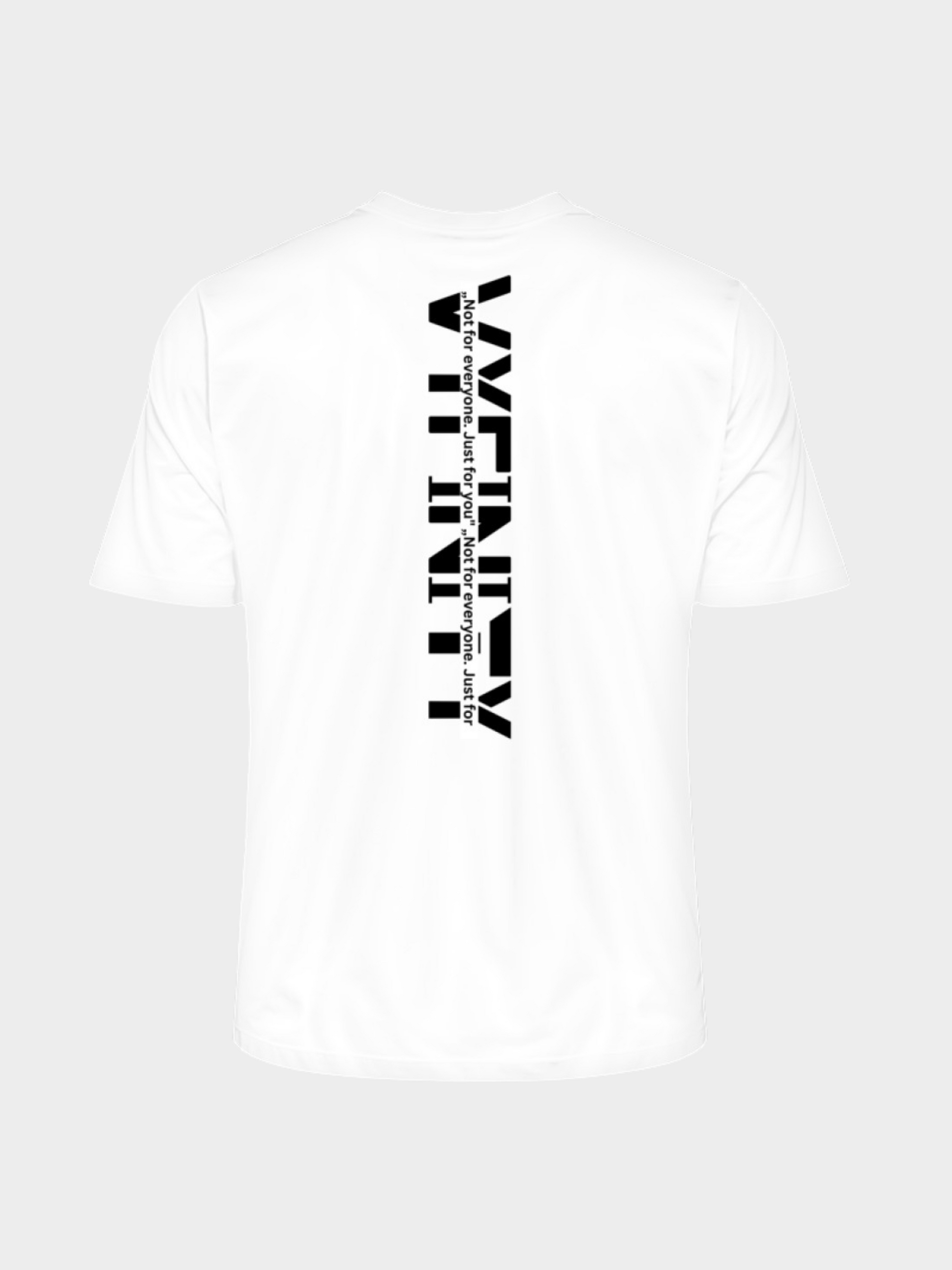 Vyfinity Oversize T-Shirt in Weiß mit großem vertikalen Logo-Print auf der Rückseite. Schwarzer Schriftzug Vyfinity mit Slogan „Not for everyone. Just for you.“ im modernen Streetwear-Design.