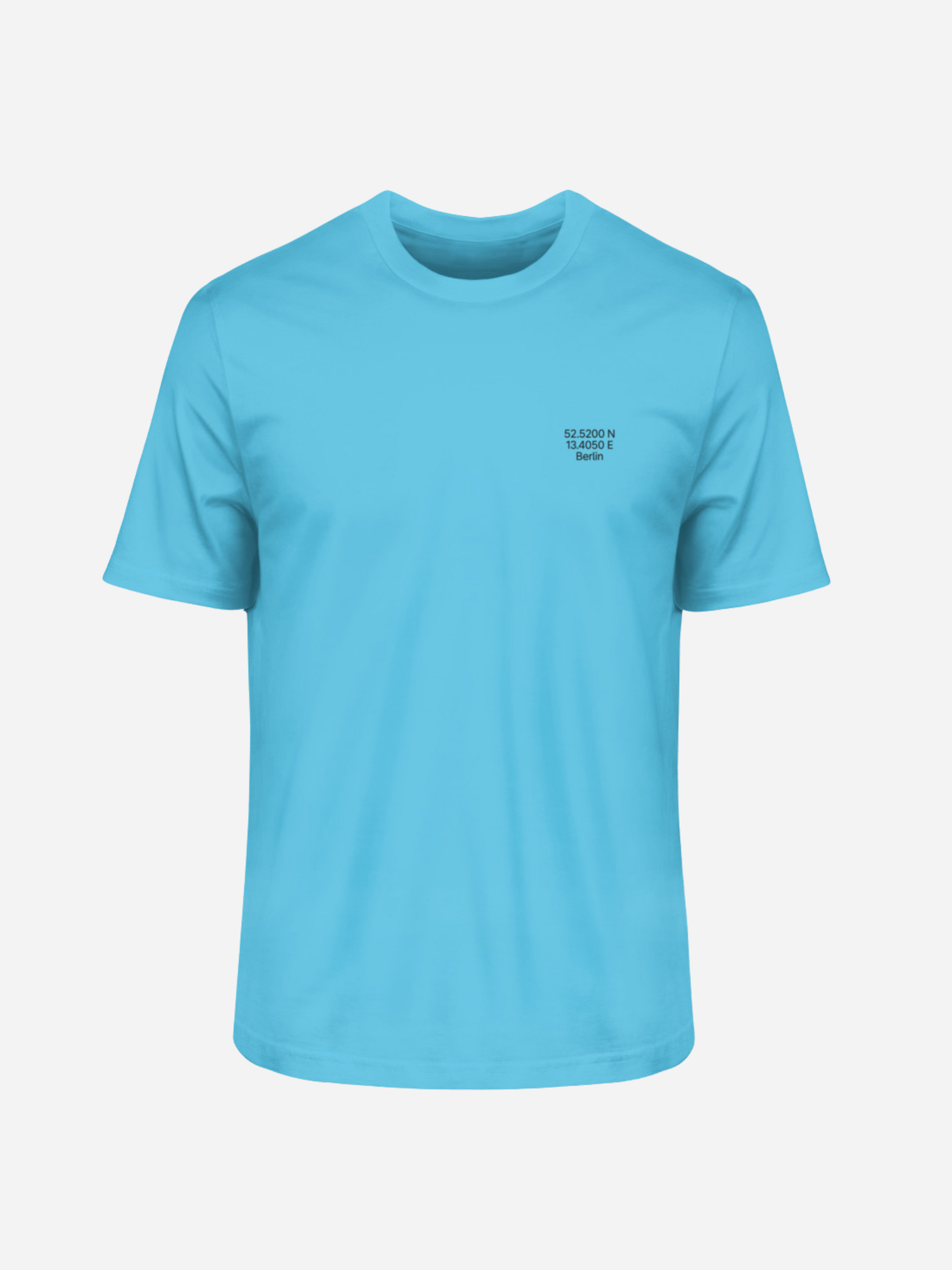 Vyfinity Berlin T-Shirt in Aqua Blue mit schwarzem Berlin-Skyline-Print und Koordinaten