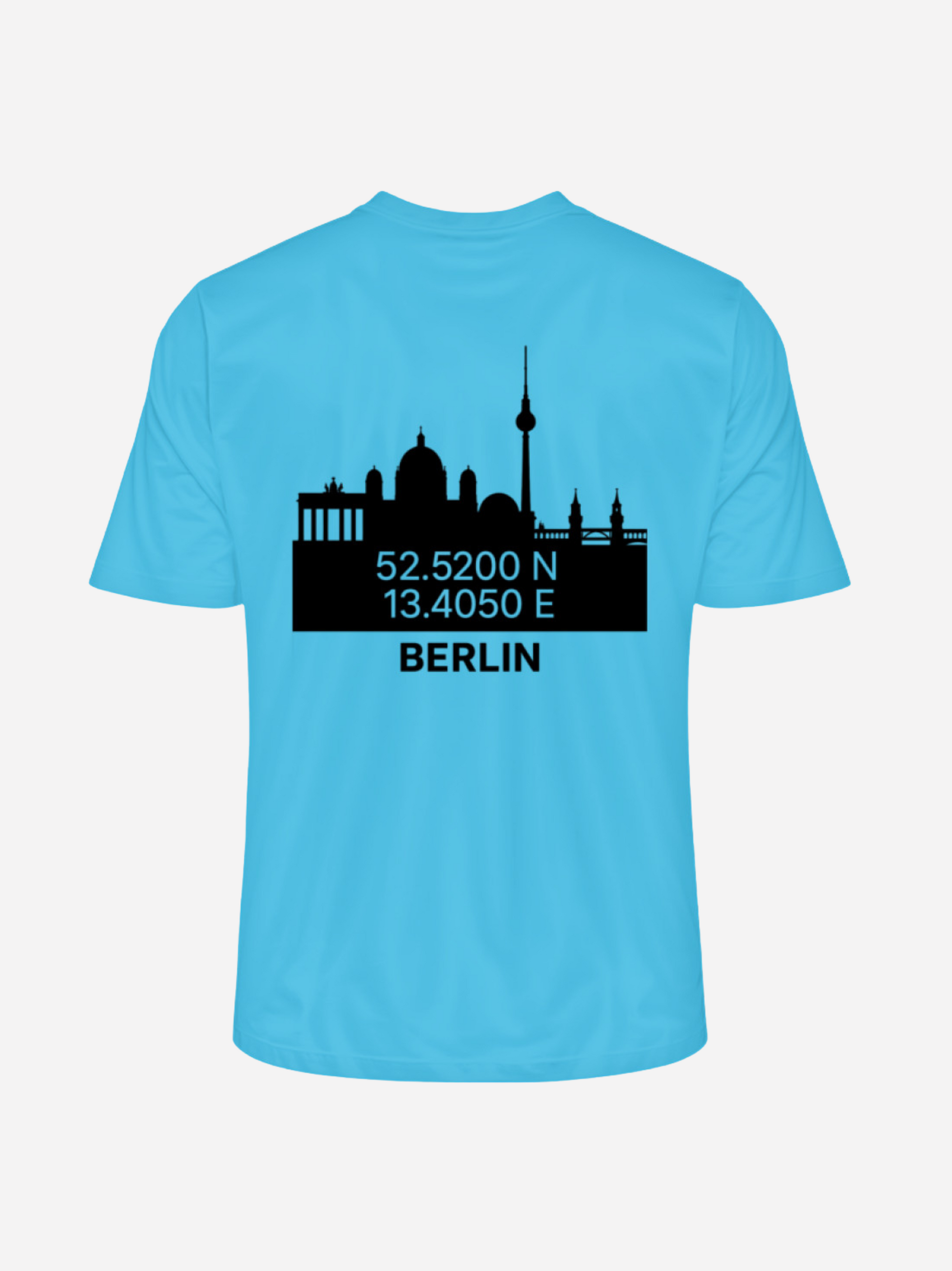 Vyfinity Berlin T-Shirt in Aqua Blue mit großem schwarzen Berlin-Skyline-Rückenprint und Koordinaten