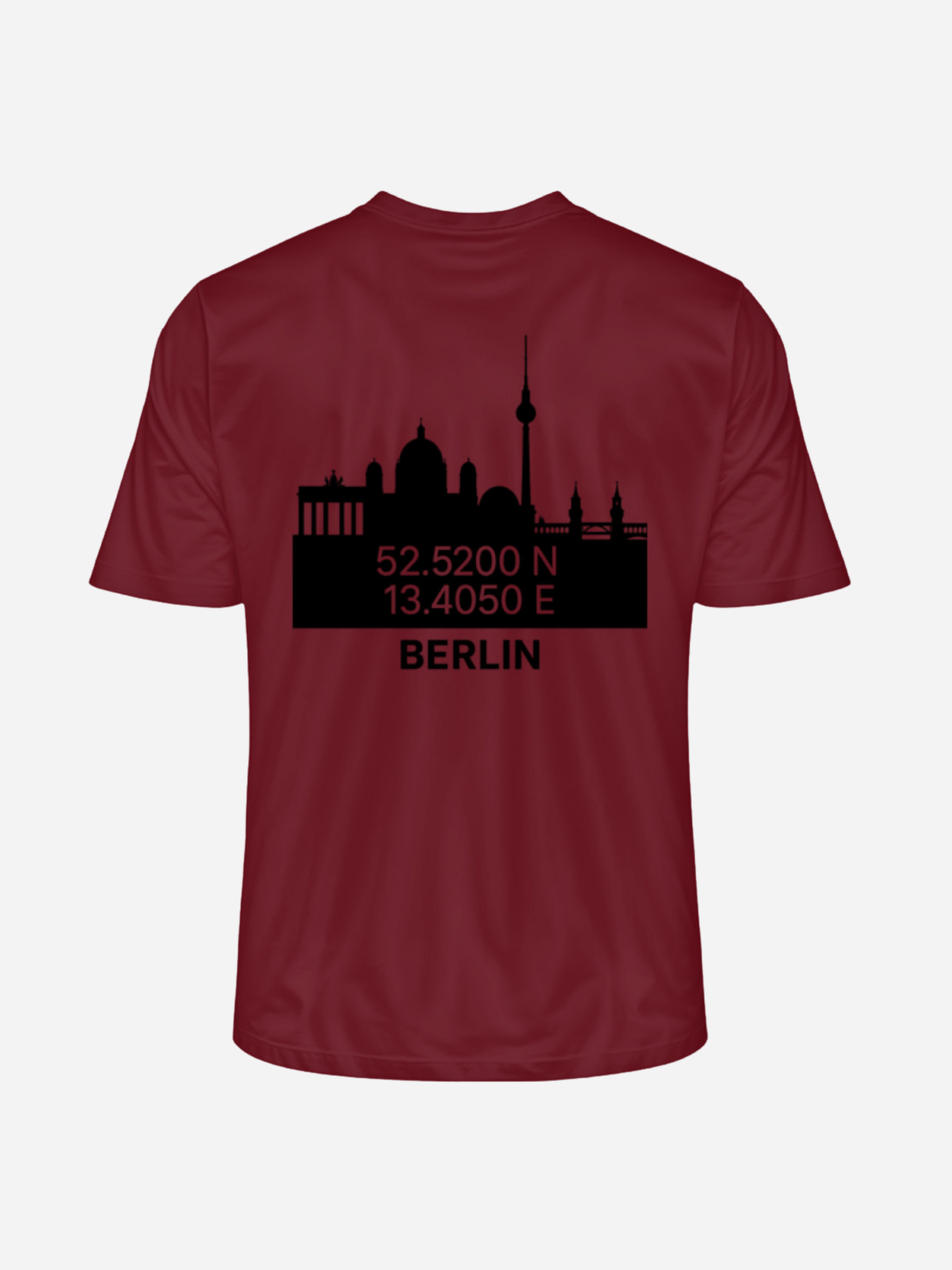 Berlin T-Shirt in Burgundy mit Koordinaten und Skyline als Rückenprint