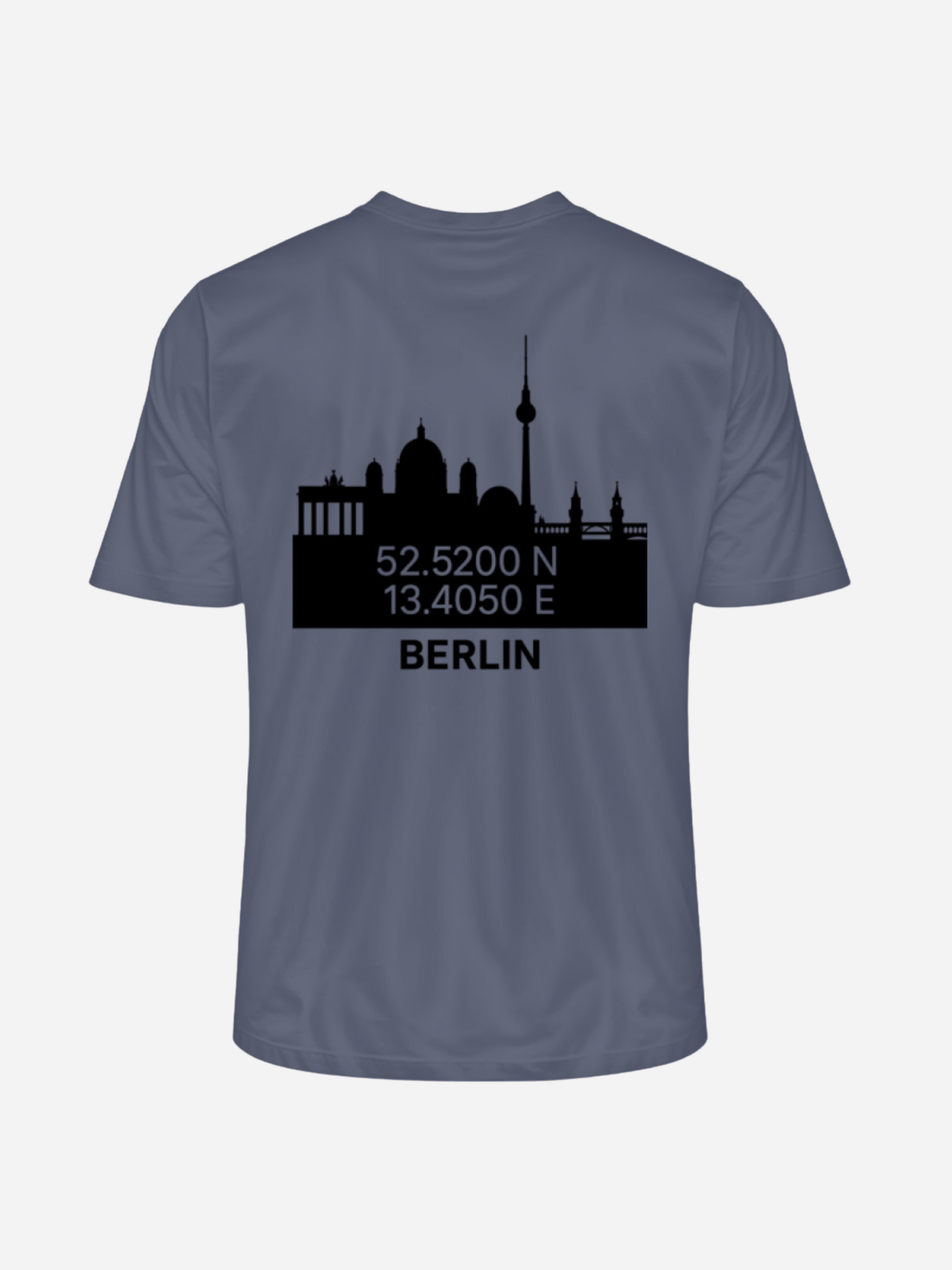 Berlin T-Shirt in Dark Heather Blue mit Koordinaten und Skyline als Rückenprint