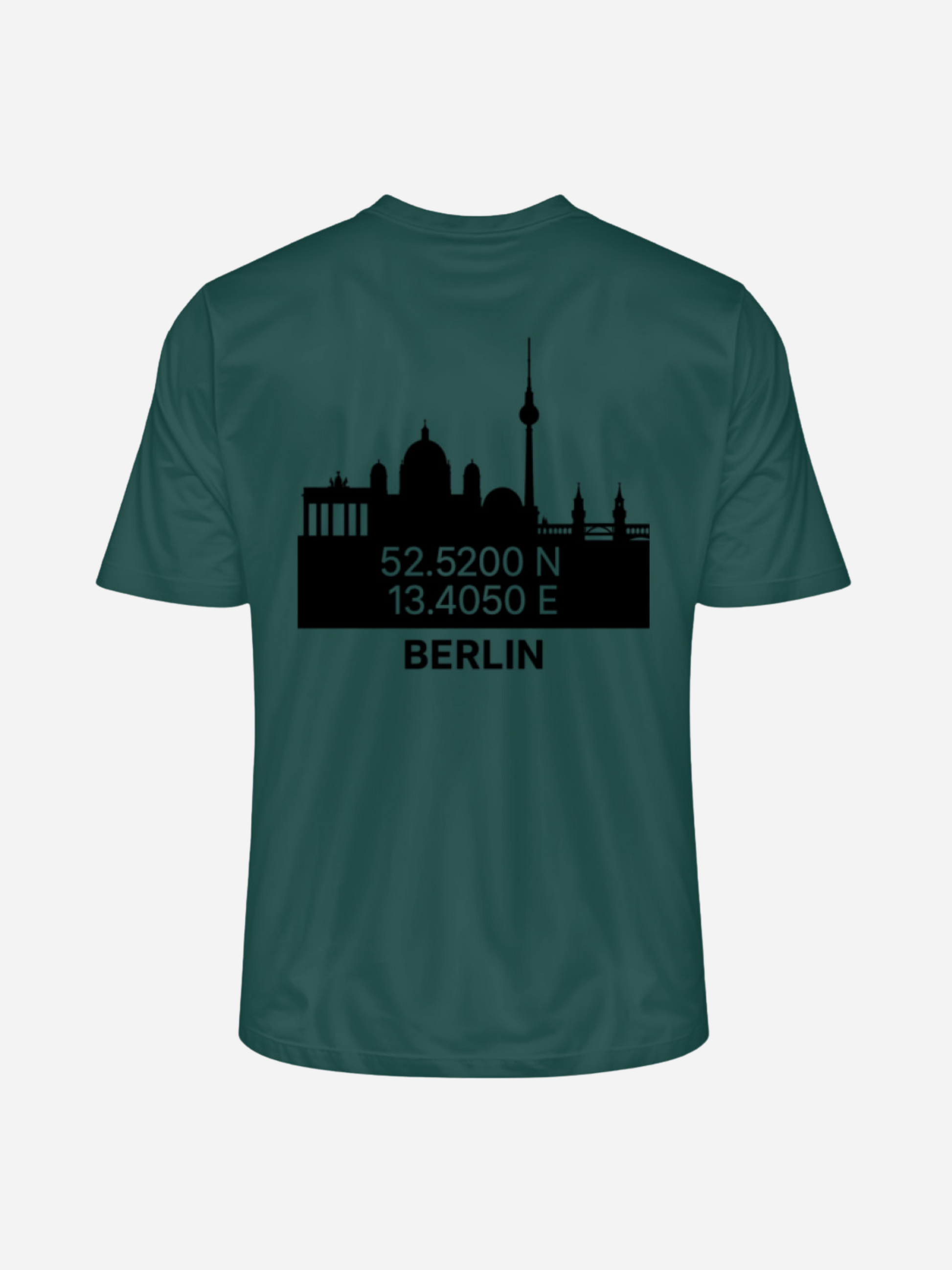 Berlin T-Shirt in Glazed Green mit Koordinaten und Skyline als Rückenprint
