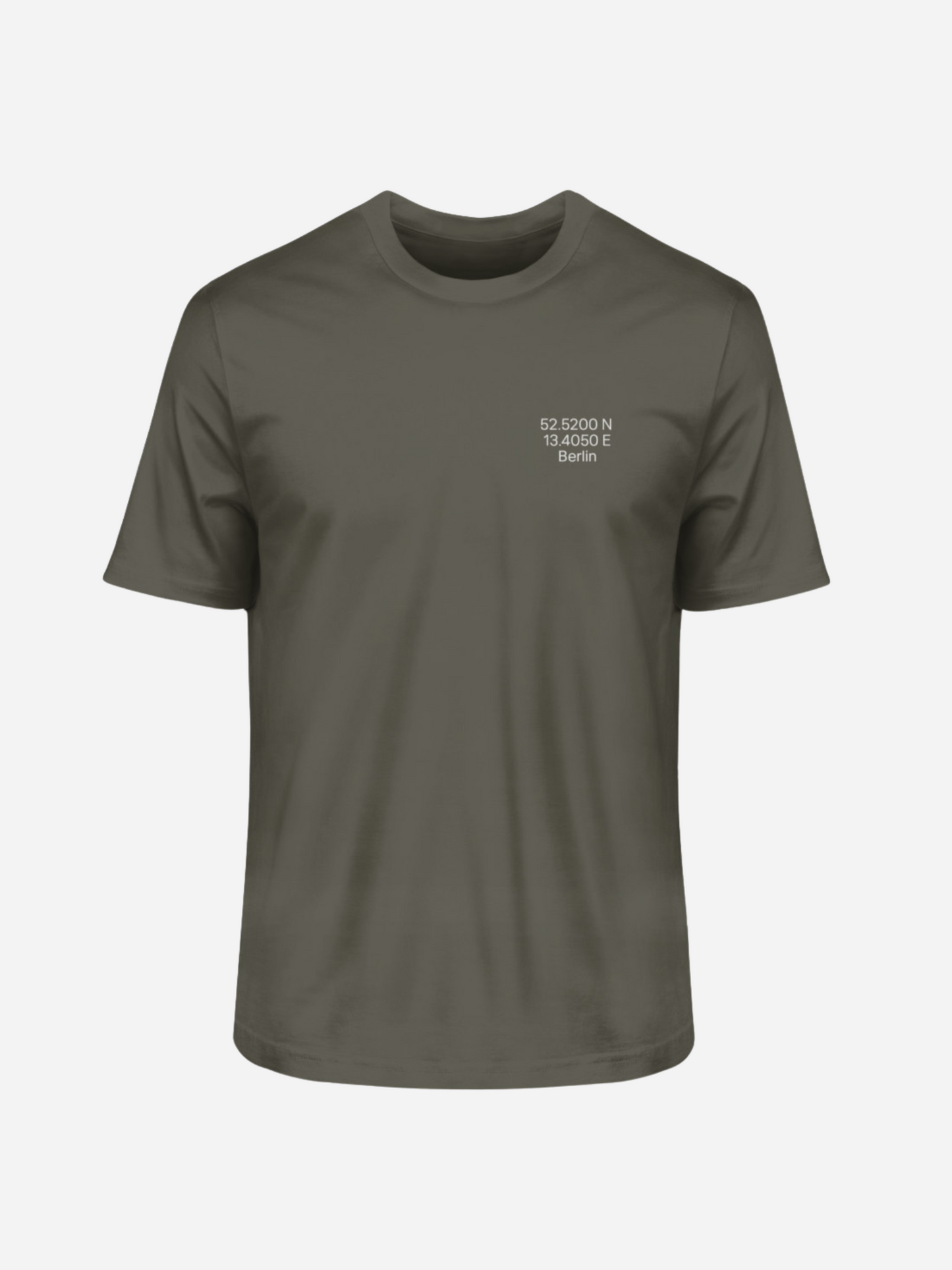 „Vyfinity Berlin T-Shirt in Khaki mit kleinem Koordinaten-Frontprint auf der linken Brustseite, Herrenmodell“