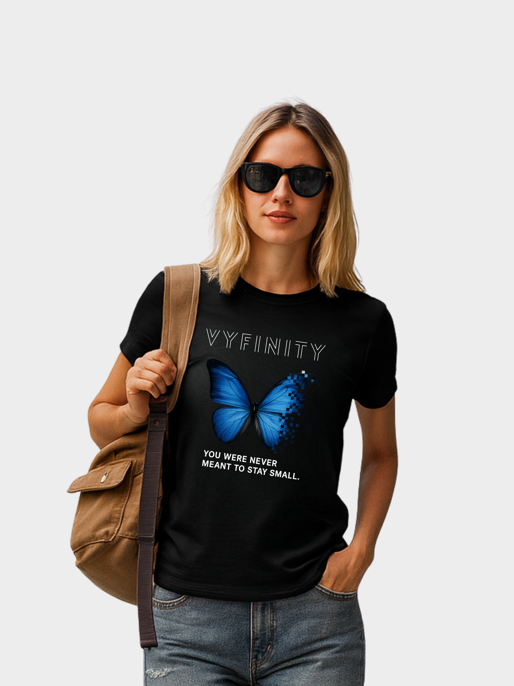 Vyfinity Butterfly T-Shirt Schwarz – Damen Streetwear Shirt mit blauem Schmetterling und Spruch You were never meant to stay small