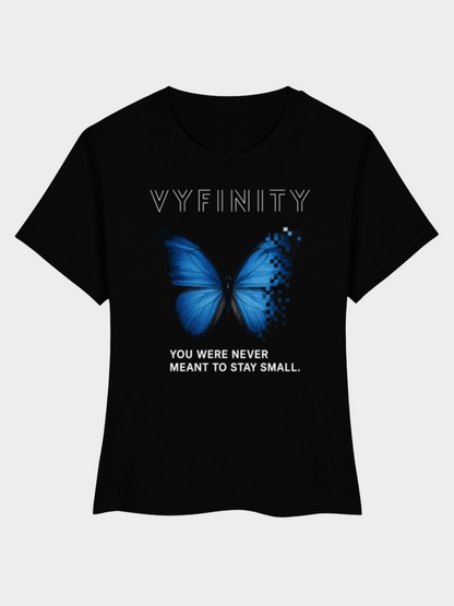 Vyfinity Butterfly T-Shirt Schwarz Frontansicht – Damen Streetwear Shirt mit blauem Schmetterling Print und Slogan You Were Never Meant To Stay Small