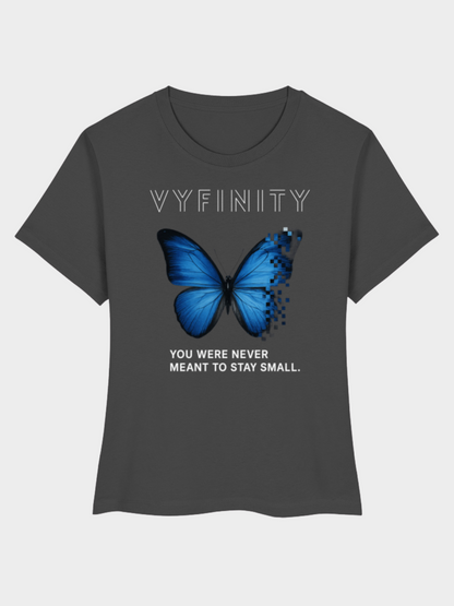 Vyfinity Butterfly T-Shirt Grau Frontansicht – Damen Streetwear Shirt mit blauem Schmetterling Print und Slogan You Were Never Meant To Stay Small