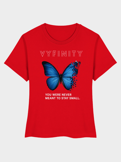 Vyfinity Butterfly T-Shirt Rot Frontansicht – Damen Streetwear Shirt mit blauem Schmetterling Print und Slogan You Were Never Meant To Stay Small