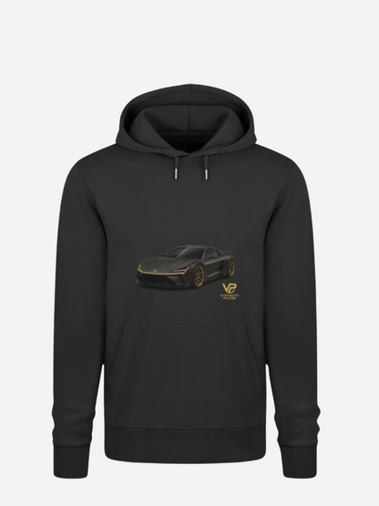 Vyfinity Car Hoodie in Schwarz mit schwarzem Sportwagen-Print und goldenem VP-Logo – Premium Unisex Kapuzenpullover für Auto- und Motorsportfans