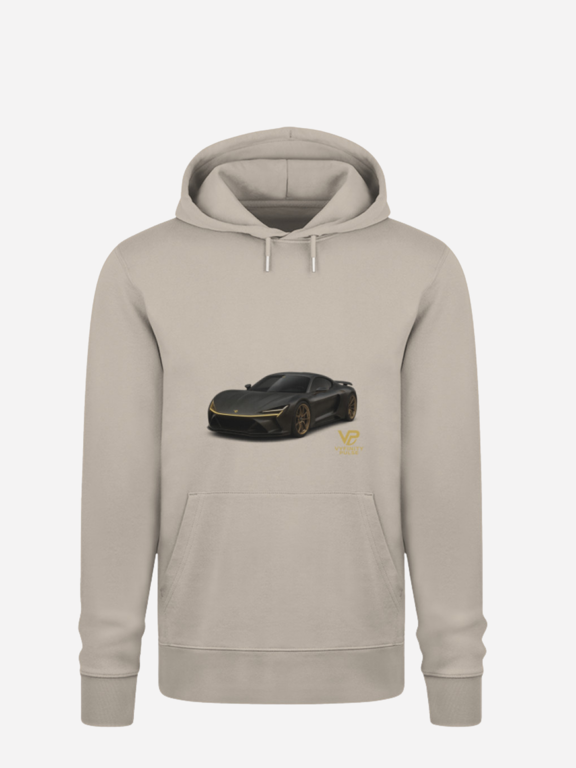 Vyfinity Car Hoodie in Desert Dust mit schwarzem Sportwagen-Print und goldenem VP-Logo – Moderner Unisex Kapuzenpullover für Auto- und Motorsportliebhaber