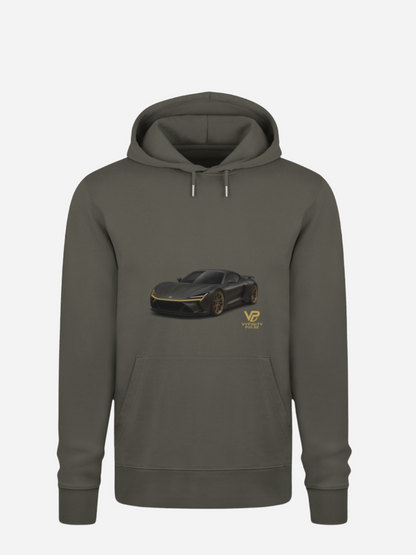 Vyfinity Car Hoodie in Khaki mit schwarzem Sportwagen-Print und goldenem VP-Logo – Lässiger Unisex Kapuzenpullover für Auto- und Motorsportfans