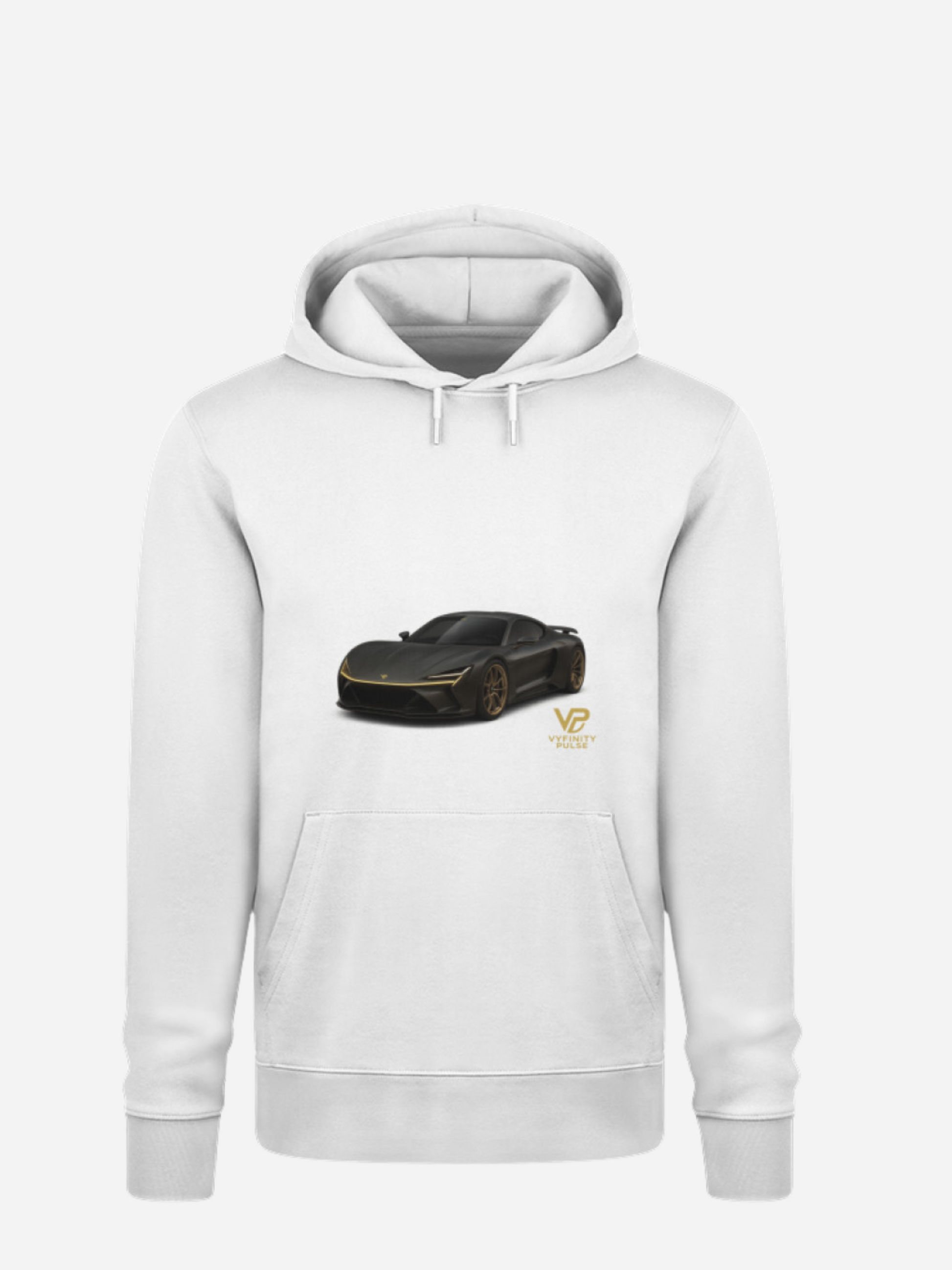 Vyfinity Car Hoodie in Weiß mit schwarzem Sportwagen-Print und goldenem VP-Logo – Stilvoller Unisex Kapuzenpullover für Auto- und Motorsportliebhaber