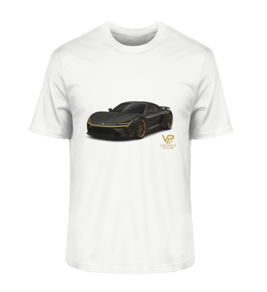 Vyfinity Car T-Shirt in Off White mit zentralem schwarzen Sportwagen und goldener VP-Signatur – Produkt-Mockup auf weißem Hintergrund