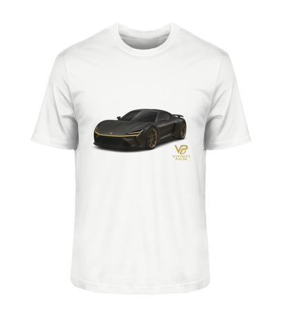 Vyfinity Car T-Shirt in Off White mit zentralem schwarzen Sportwagen und goldener VP-Signatur – Produkt-Mockup auf weißem Hintergrund