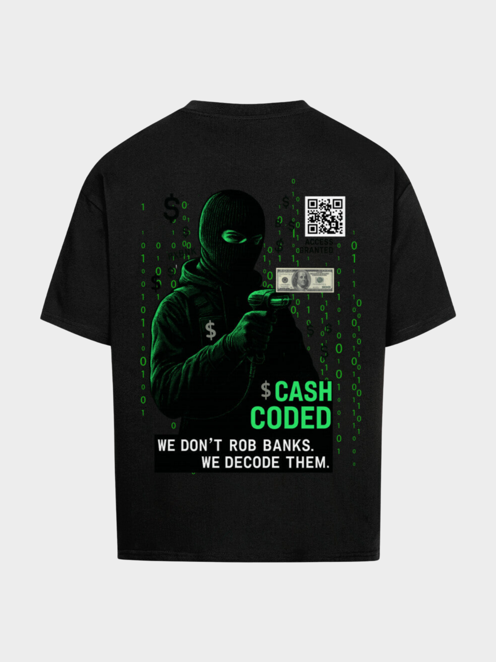 Vyfinity Cash Coded T-Shirt in Schwarz, Rückseite mit großem Print: Hacker mit Maske, binärer Code, QR-Code, Dollar-Symbolen und Schriftzug „Cash Coded – We don’t rob banks. We decode them.“.