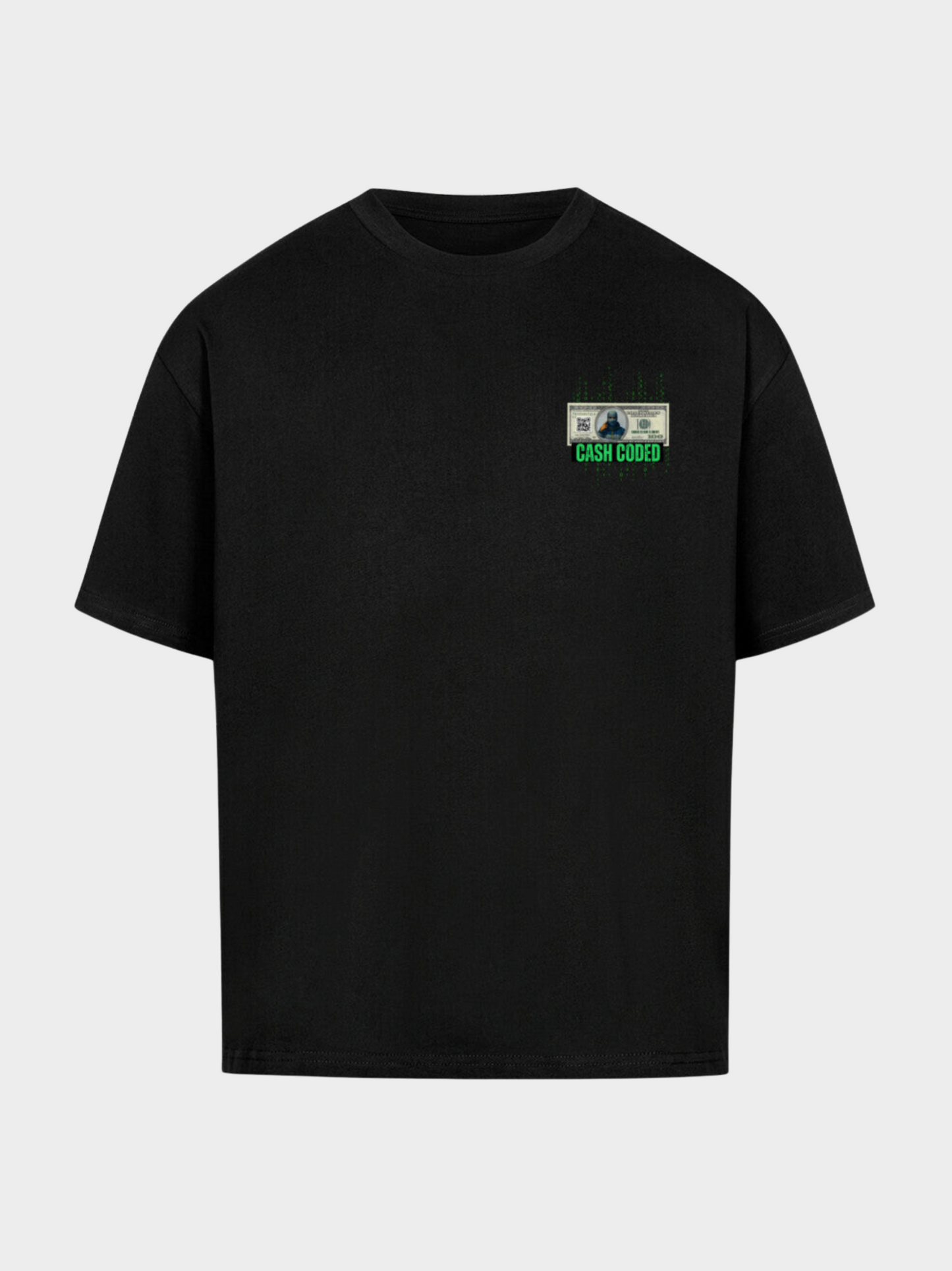 Vyfinity Cash Coded T-Shirt in Schwarz, Vorderseite mit kleinem Brustprint: 100-Dollar-Schein mit grünem Binary-Code und Schriftzug „Cash Coded“.