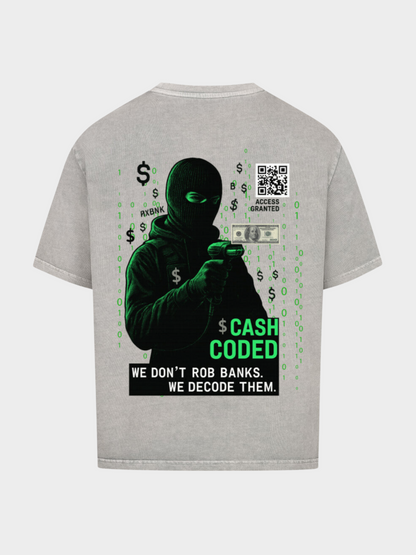 Vyfinity Cash Coded T-Shirt in Grau, Rückseite mit großem Hacker-Design: maskierte Figur, Dollar-Schein, QR-Code, grüner Schriftzug „Cash Coded“ und Text „We don’t rob banks. We decode them.“