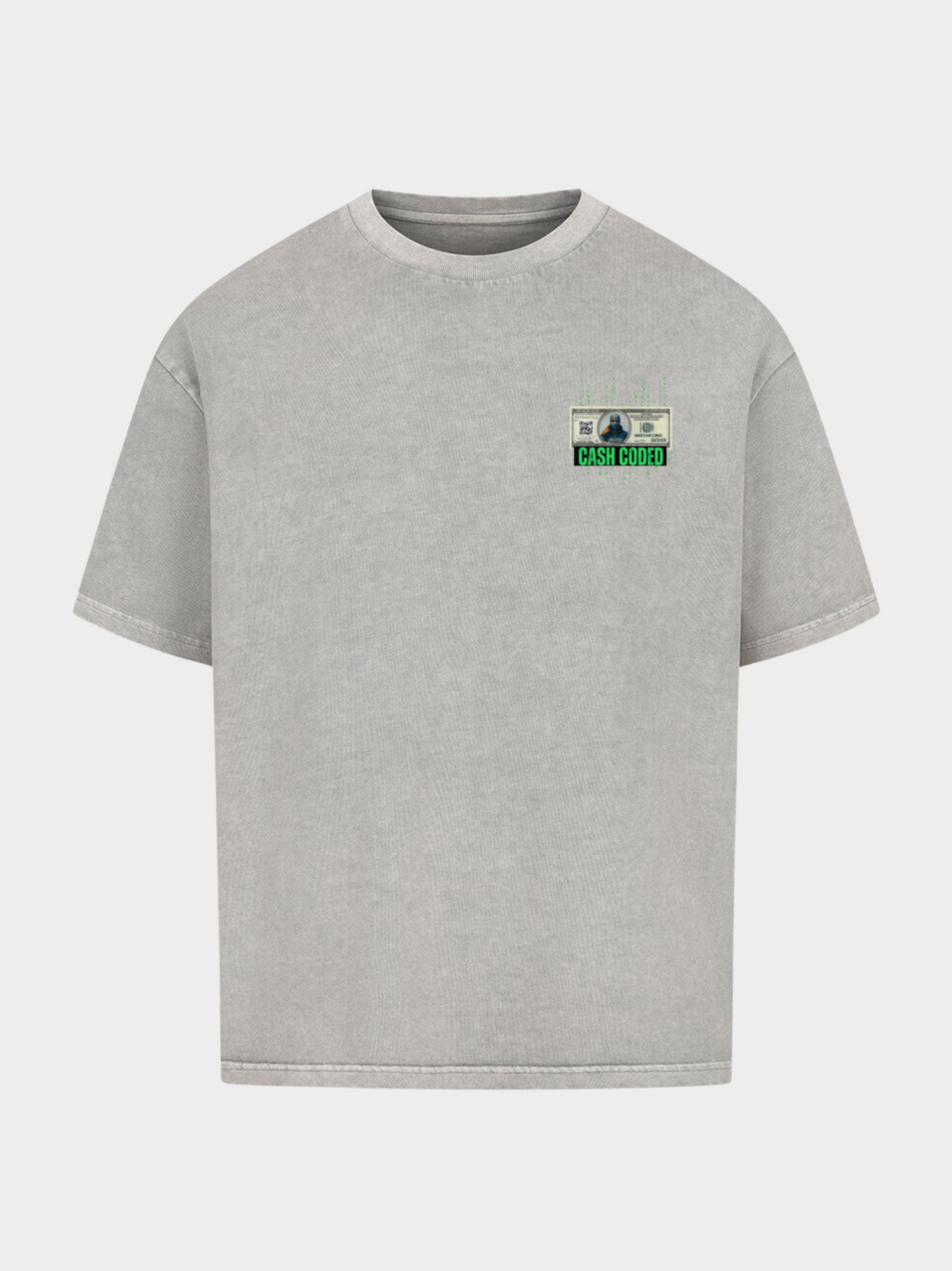 Vyfinity Cash Coded T-Shirt in Grau, Vorderseite mit kleinem Print: Dollar-Schein, binärer Code und grüner Schriftzug „Cash Coded“ auf der Brust.