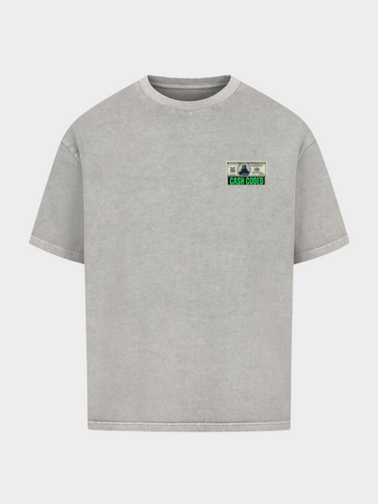 Vyfinity Cash Coded T-Shirt in Grau, Vorderseite mit kleinem Print: Dollar-Schein, binärer Code und grüner Schriftzug „Cash Coded“ auf der Brust.