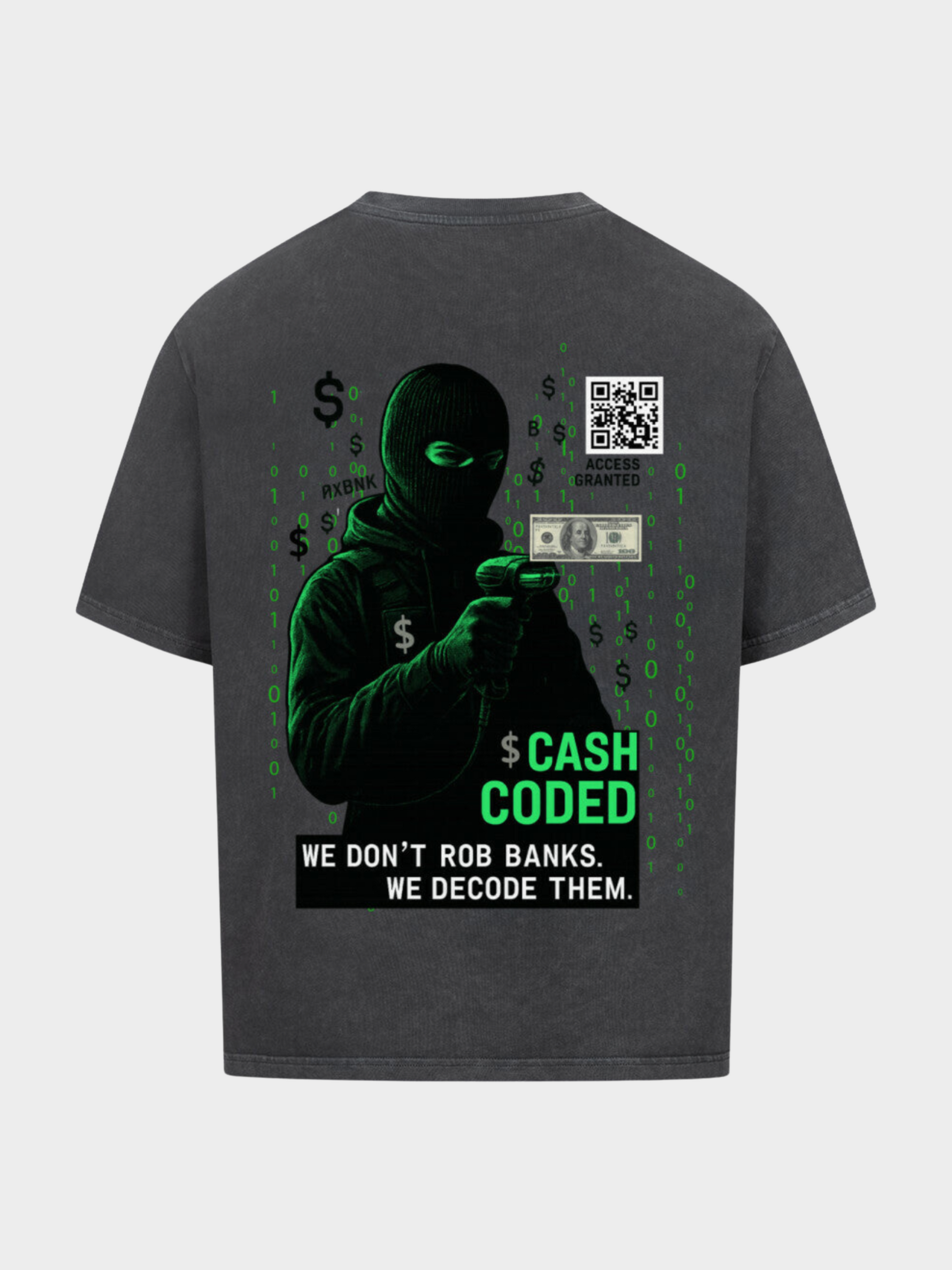 Vyfinity Cash Coded T-Shirt in Vintage Black mit großem Backprint: Hacker im grünen Matrix-Stil mit QR-Code, Dollarzeichen und Schriftzug „Cash Coded – We don’t rob banks. We decode them.“.