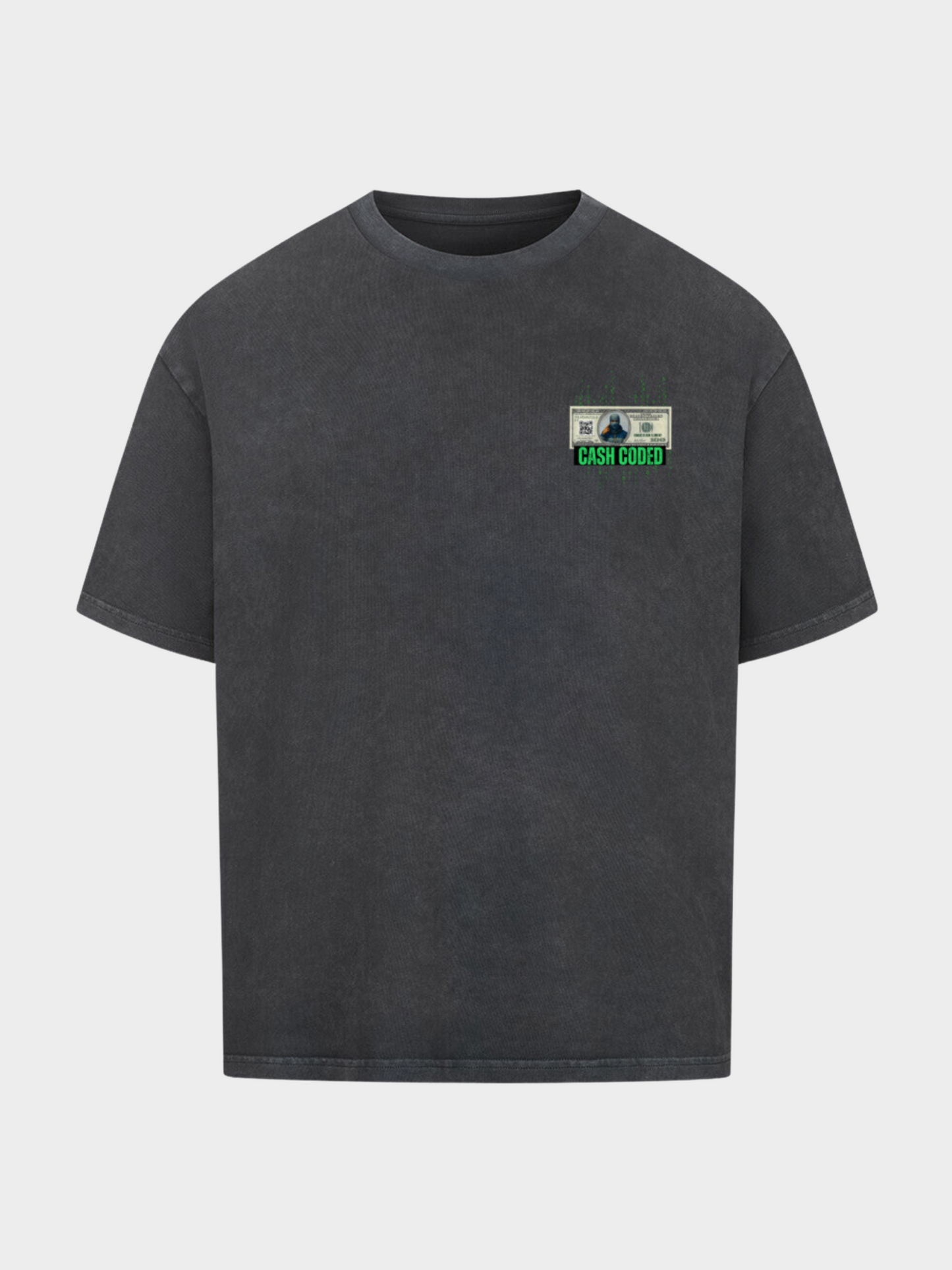Vyfinity Cash Coded T-Shirt in Vintage Black mit kleinem Frontprint auf der linken Brust: 100-Dollar-Schein mit Hacker-Motiv und grünem Schriftzug „Cash Coded“.