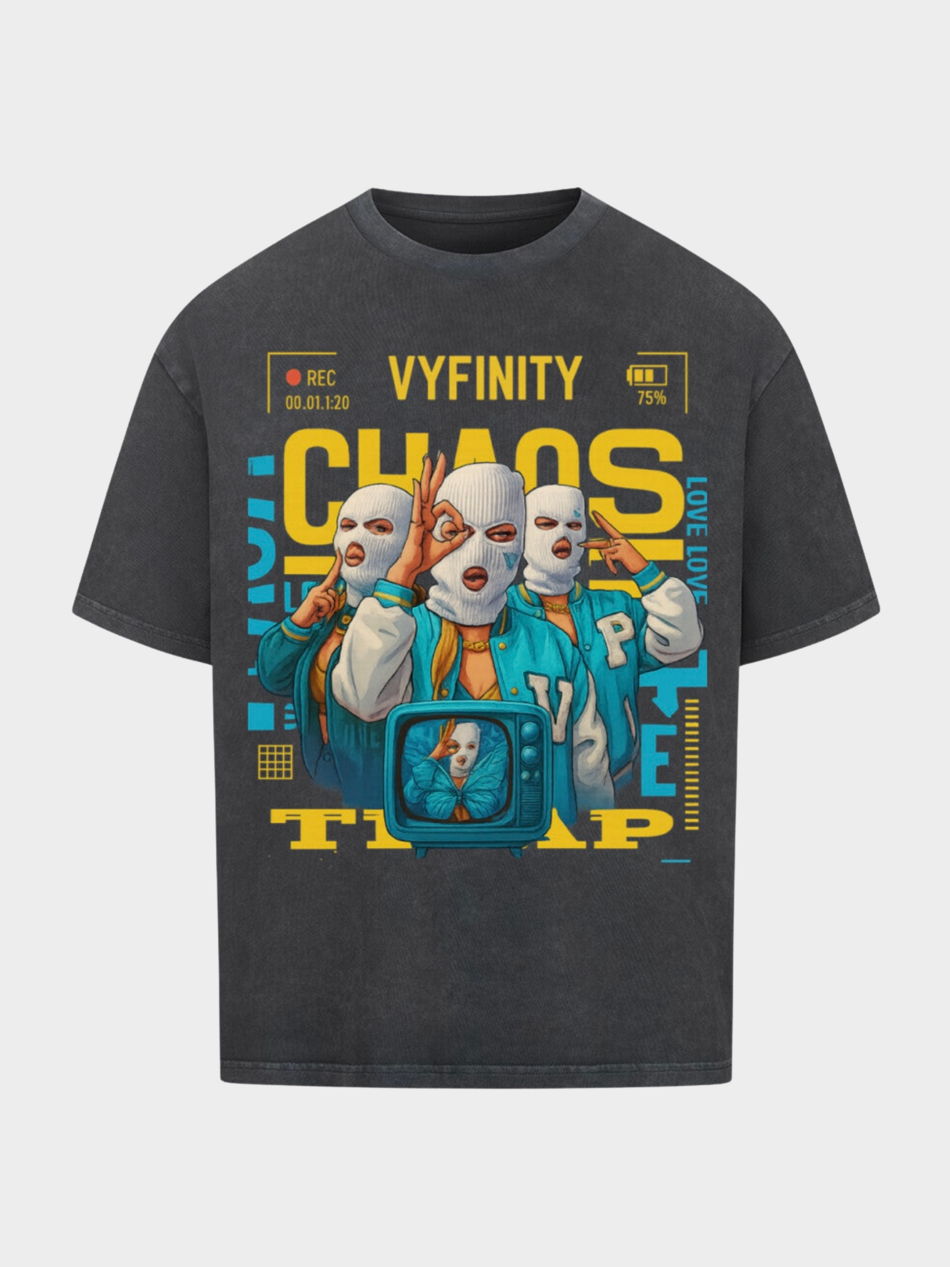 Vyfinity Chaos Trap T-Shirt in Vintage-Schwarz, Vorderansicht. Streetwear-Shirt mit großem Frontprint: drei maskierte Figuren, gelbe CHAOS-Lettern und blauem Retro-Fernseher-Detail.