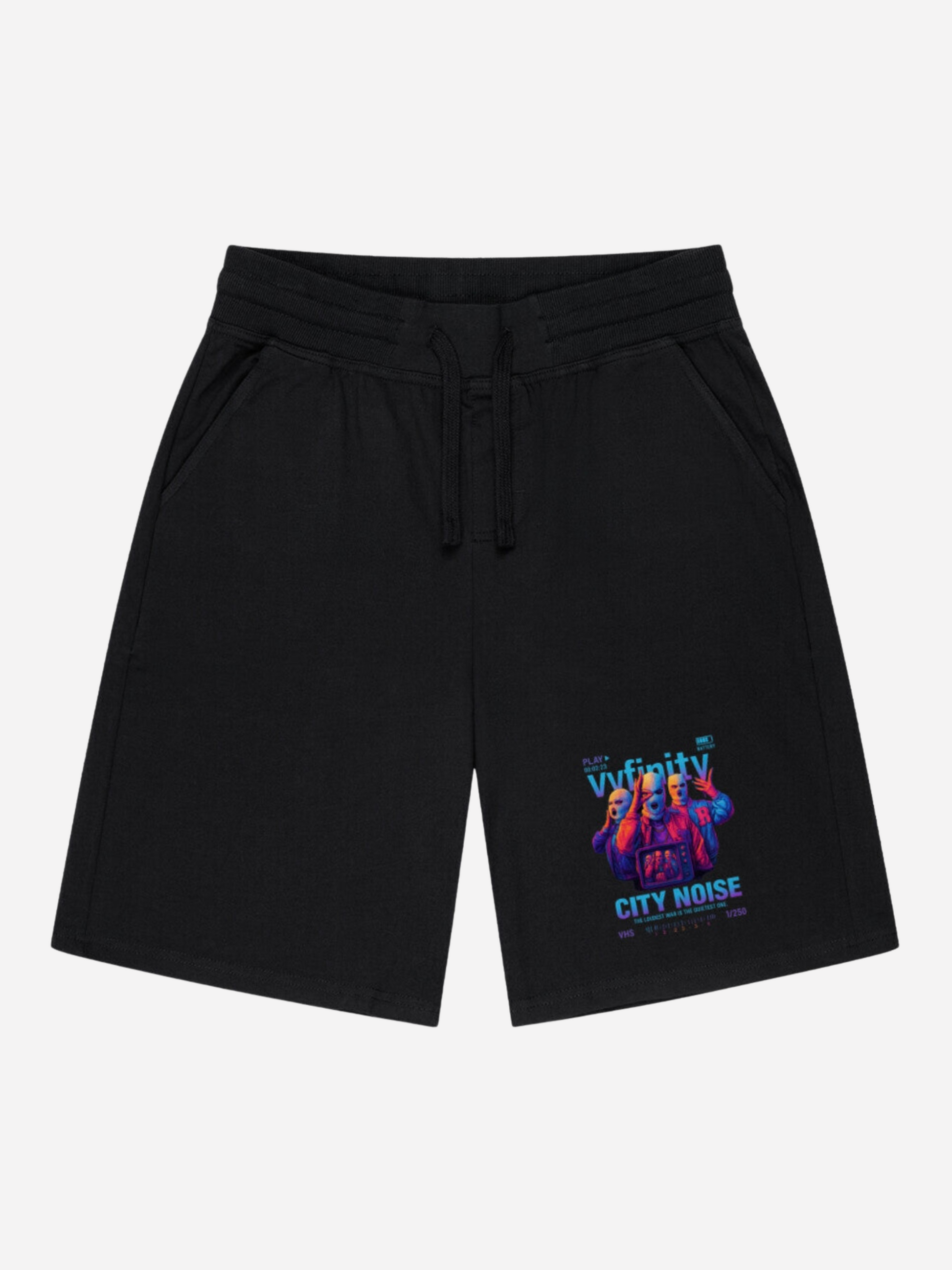 Vyfinity City Noise Shorts Schwarz Flatlay Vorderseite mit buntem City Noise Print