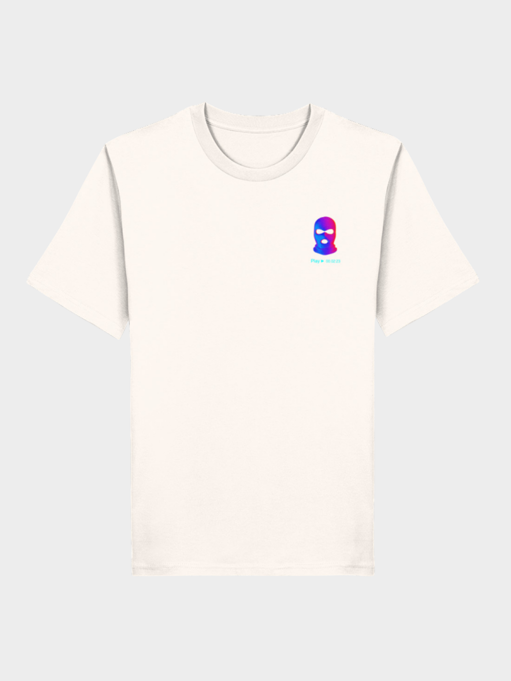 Vyfinity City Noise T-Shirt in Beige, Rückseite, mit großem buntem Graffiti-Print von maskierten Figuren und Retro-TV im VHS-Stil, Streetwear-Design.