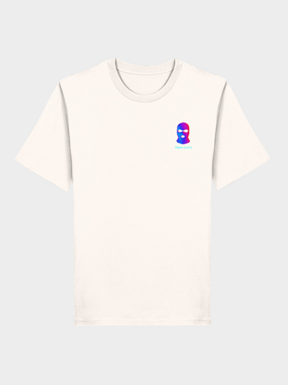Vyfinity City Noise T-Shirt in Beige, Rückseite, mit großem buntem Graffiti-Print von maskierten Figuren und Retro-TV im VHS-Stil, Streetwear-Design.