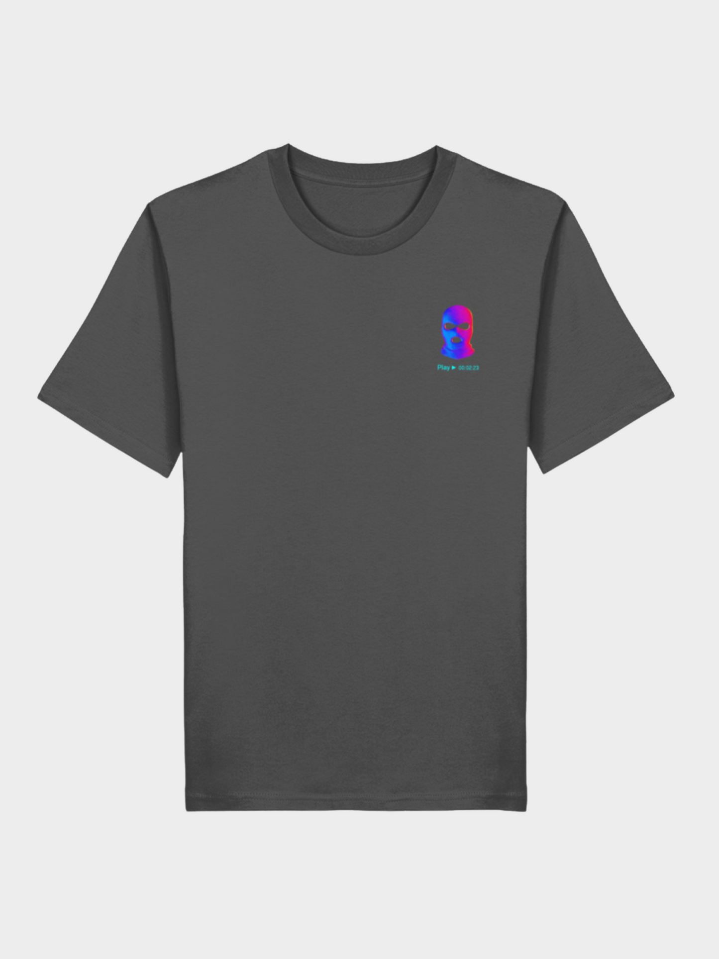 Vyfinity City Noise T-Shirt in Anthrazit, Vorderseite mit kleinem farbigem Balaklava-Logo auf der linken Brust, VHS-Style in Pink-Blau.