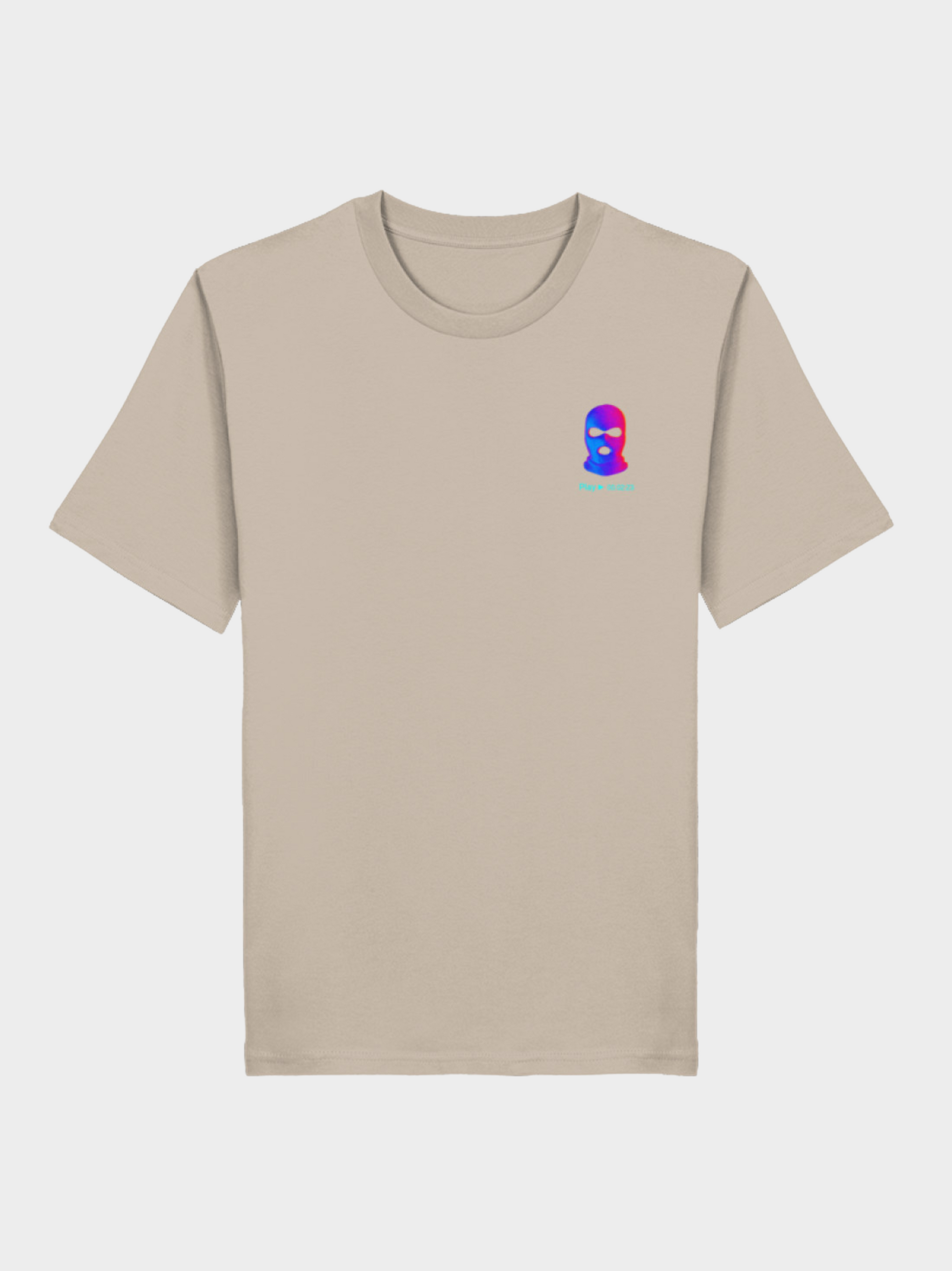Vyfinity City Noise T-Shirt in Beige, Vorderseite, mit kleinem farbigen Masken-Logo links auf der Brust im minimalistischen Streetwear-Style.