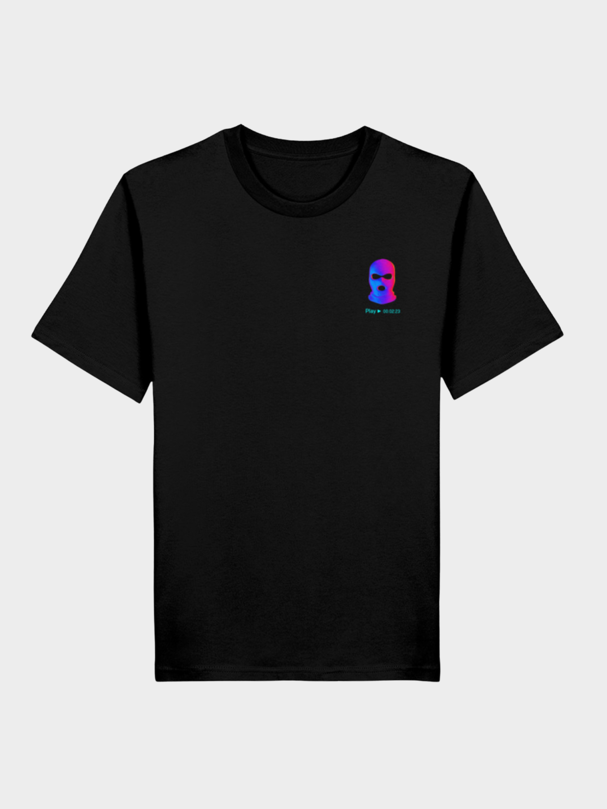 Vyfinity City Noise T-Shirt in Schwarz, Vorderseite mit kleinem Frontprint: neonfarbene Sturmmaske in Pink und Blau, VHS-Style mit kleinem Play-Symbol.