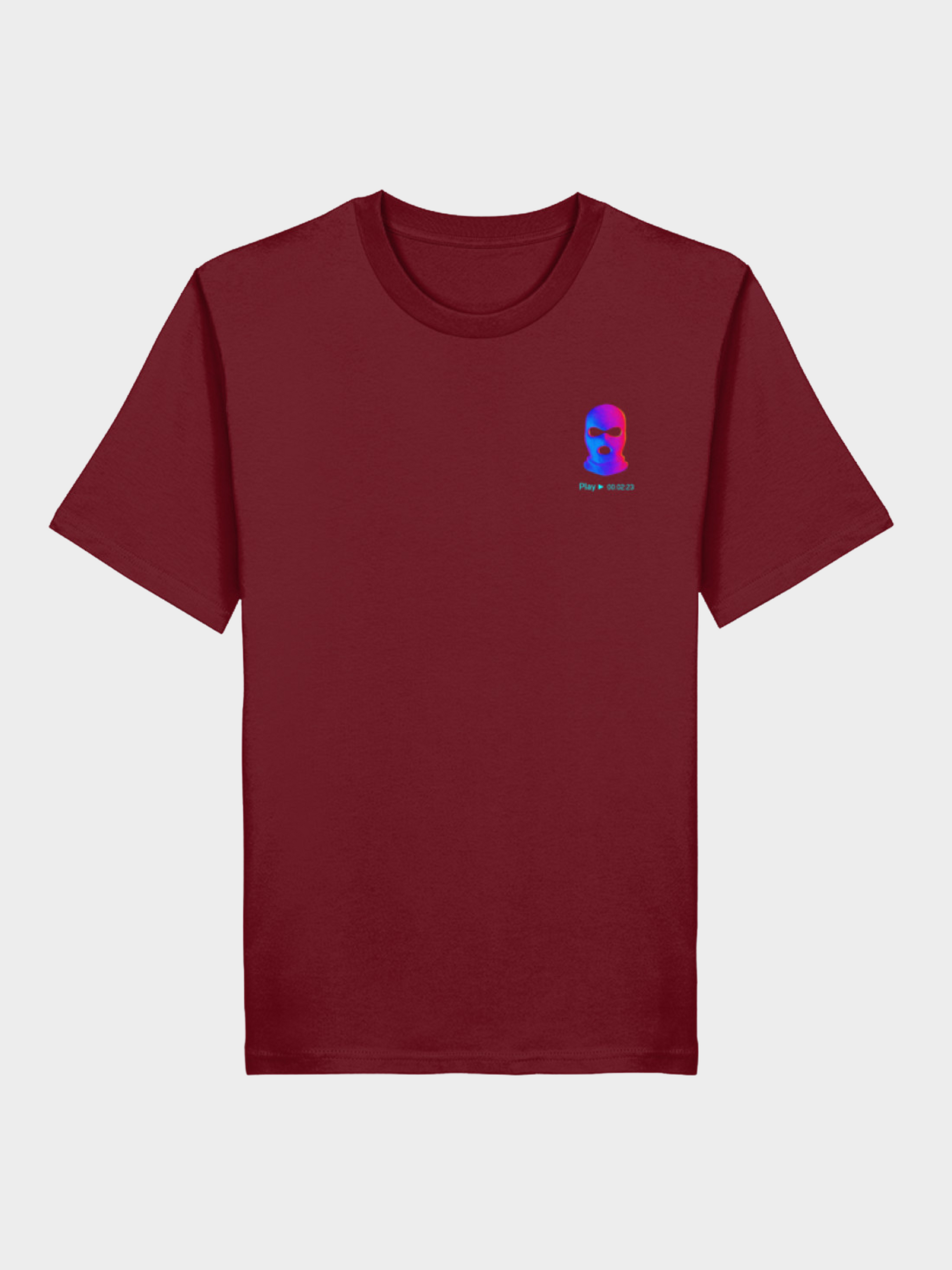 Vyfinity City Noise T-Shirt in Bordeaux, Vorderseite, mit kleinem neonfarbenen Masken-Logo auf der Brust und minimalistischem Streetwear-Design.